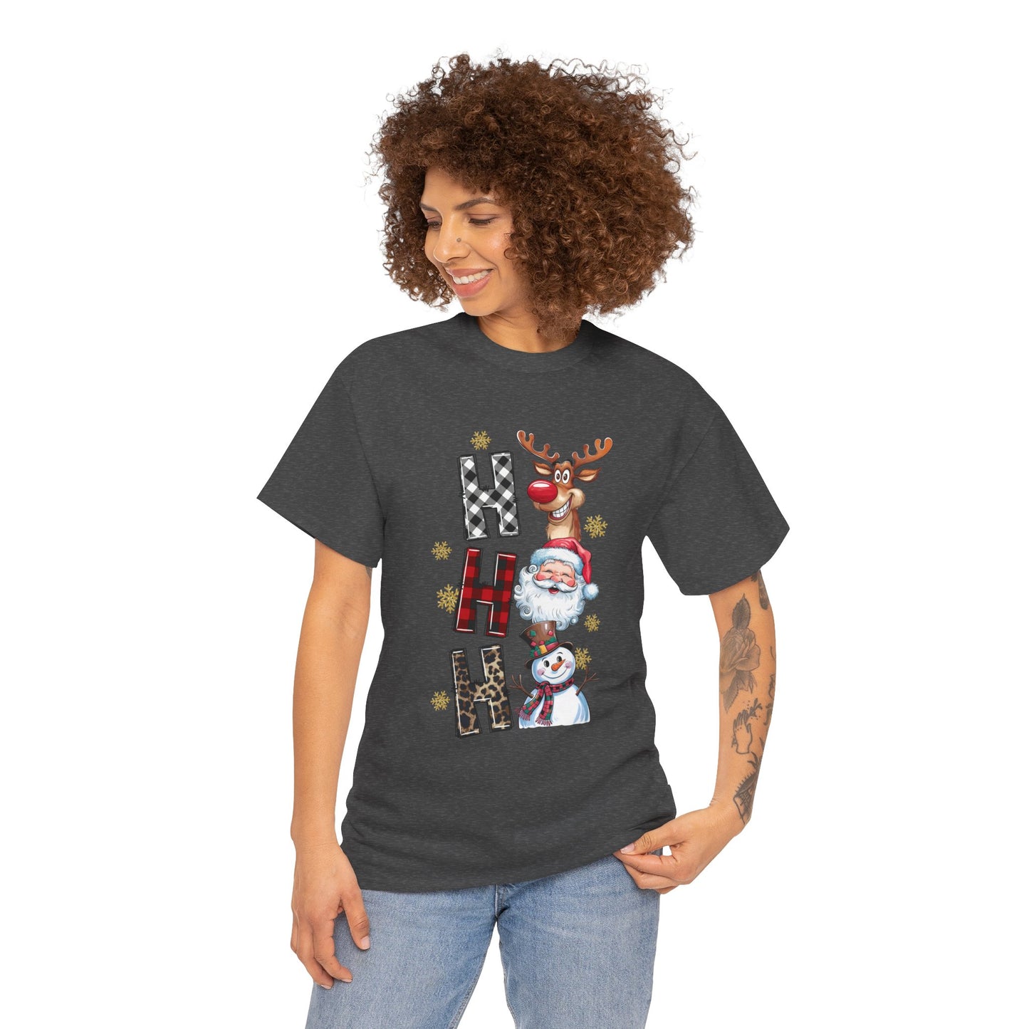 HO HO HO Christmas Unisex Heavy Cotton T-Shirt – Santa, Reindeer & Snowman Holiday Tee