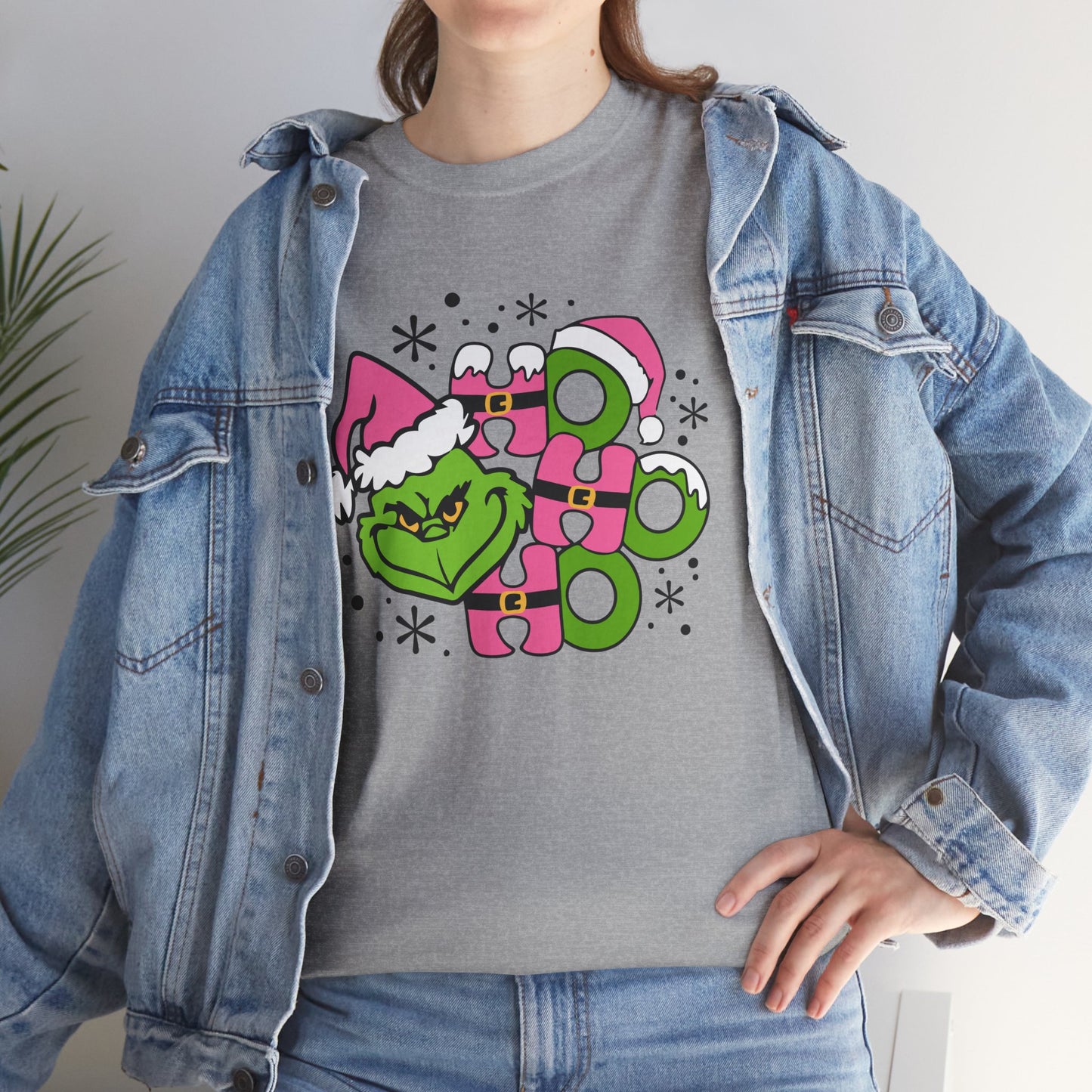 HO HO HO Funny Christmas Grinch-Inspired Holiday Tee – Cute Pink Santa Unisex Heavy Cotton T-Shirt