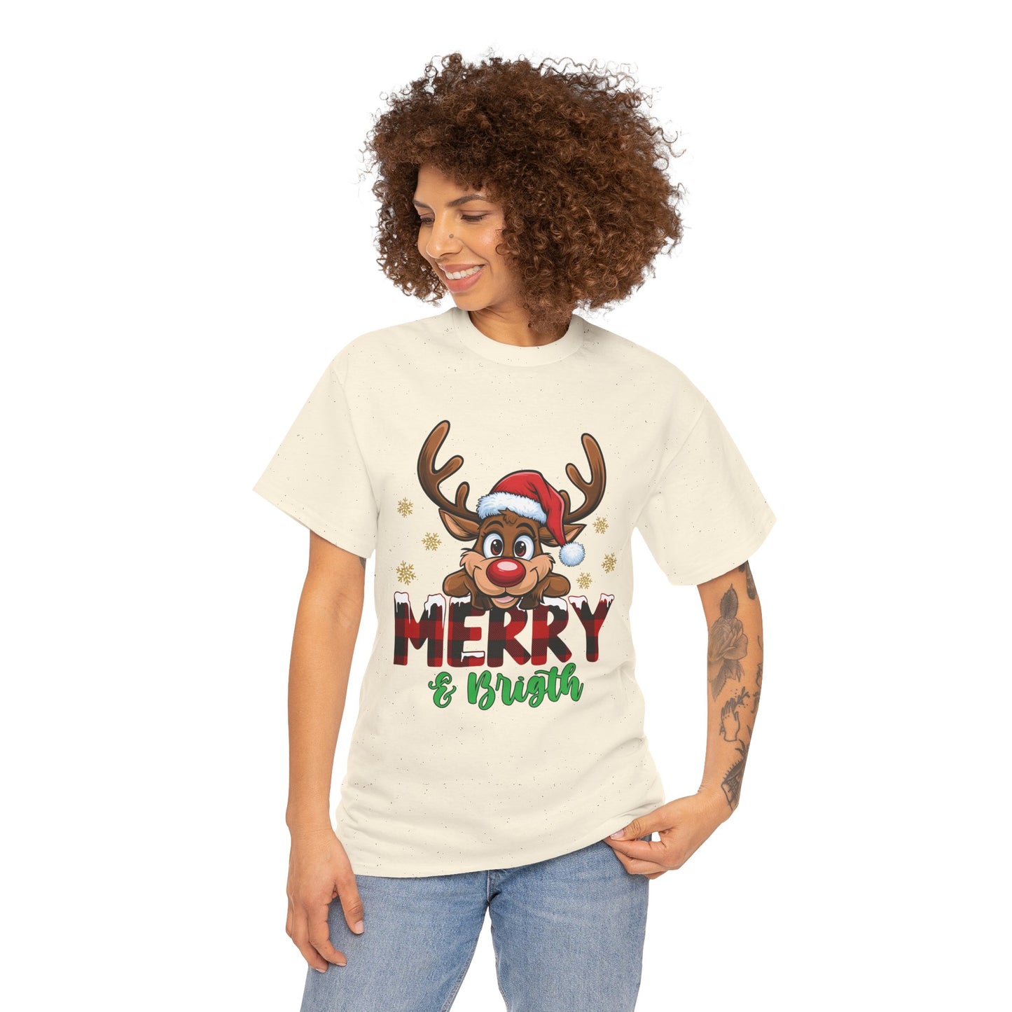 Merry & Bright Unisex Heavy Cotton T-Shirt – Cute Christmas Reindeer Holiday Tee