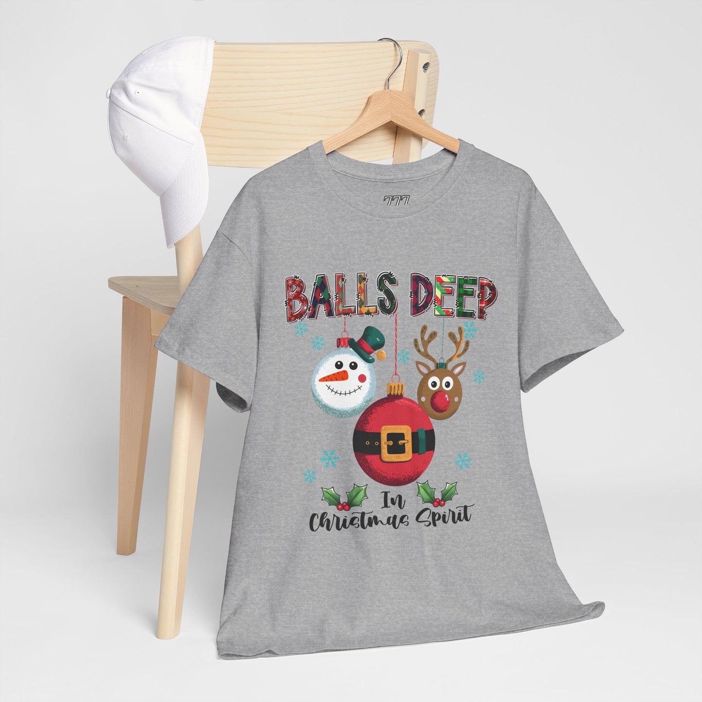 Balls Deep in Christmas Cheer Unisex Heavy Cotton T-Shirt – Funny Adult Holiday Snowman & Reindeer Tee