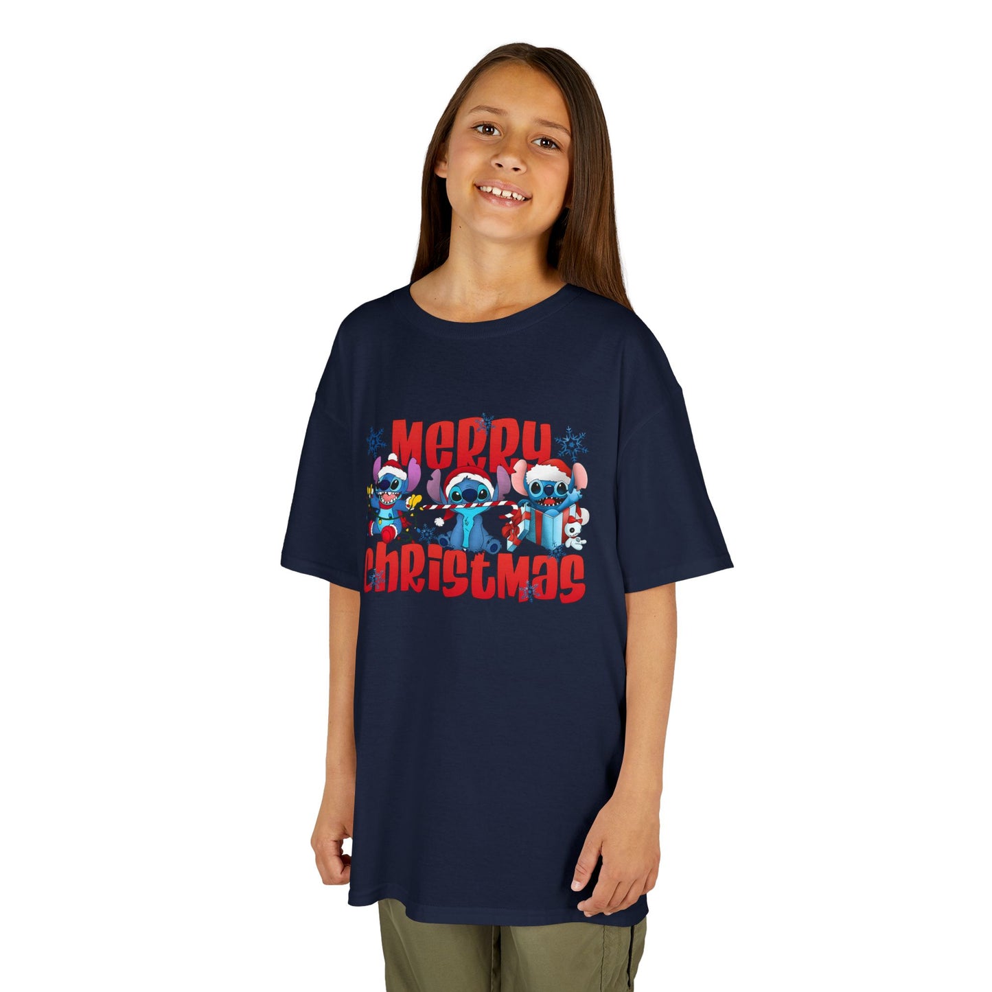 Merry Christmas Kids T-Shirt – Cute Blue Holiday Characters Heavy Cotton Tee
