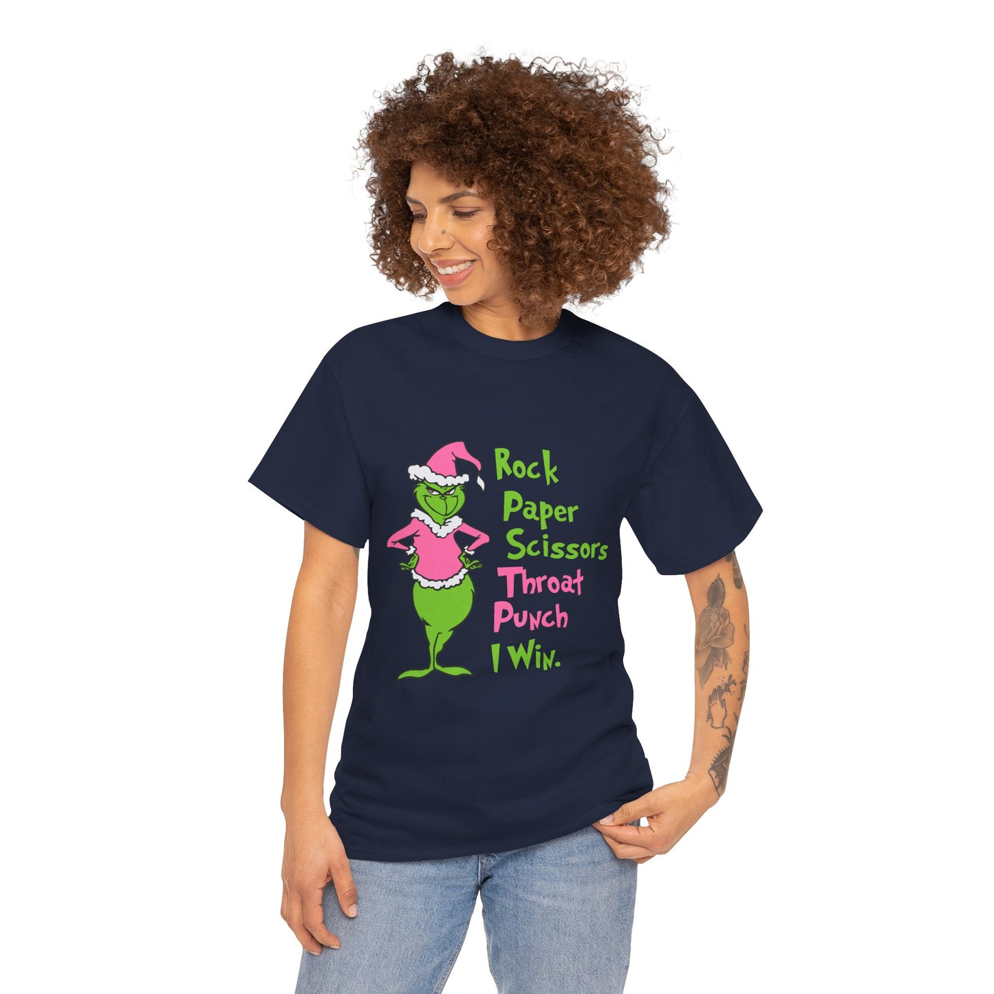 Rock Paper Scissors Throat Punch I Win Funny Christmas Grinch-Inspired Holiday Tee – Sarcastic Pink Santa Unisex Heavy Cotton T-Shirt
