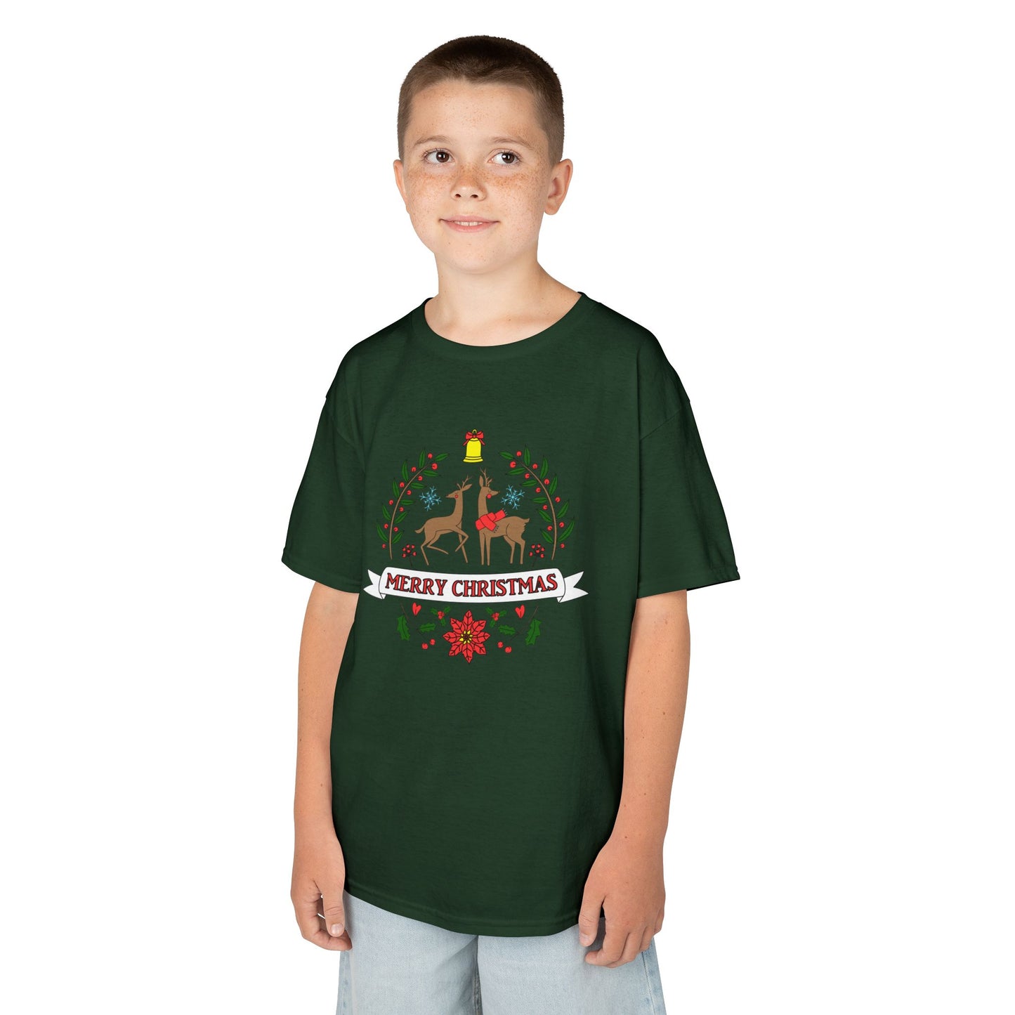 Merry Christmas Reindeer Kids T-Shirt – Cute Holiday Laurel & Poinsettia Tee