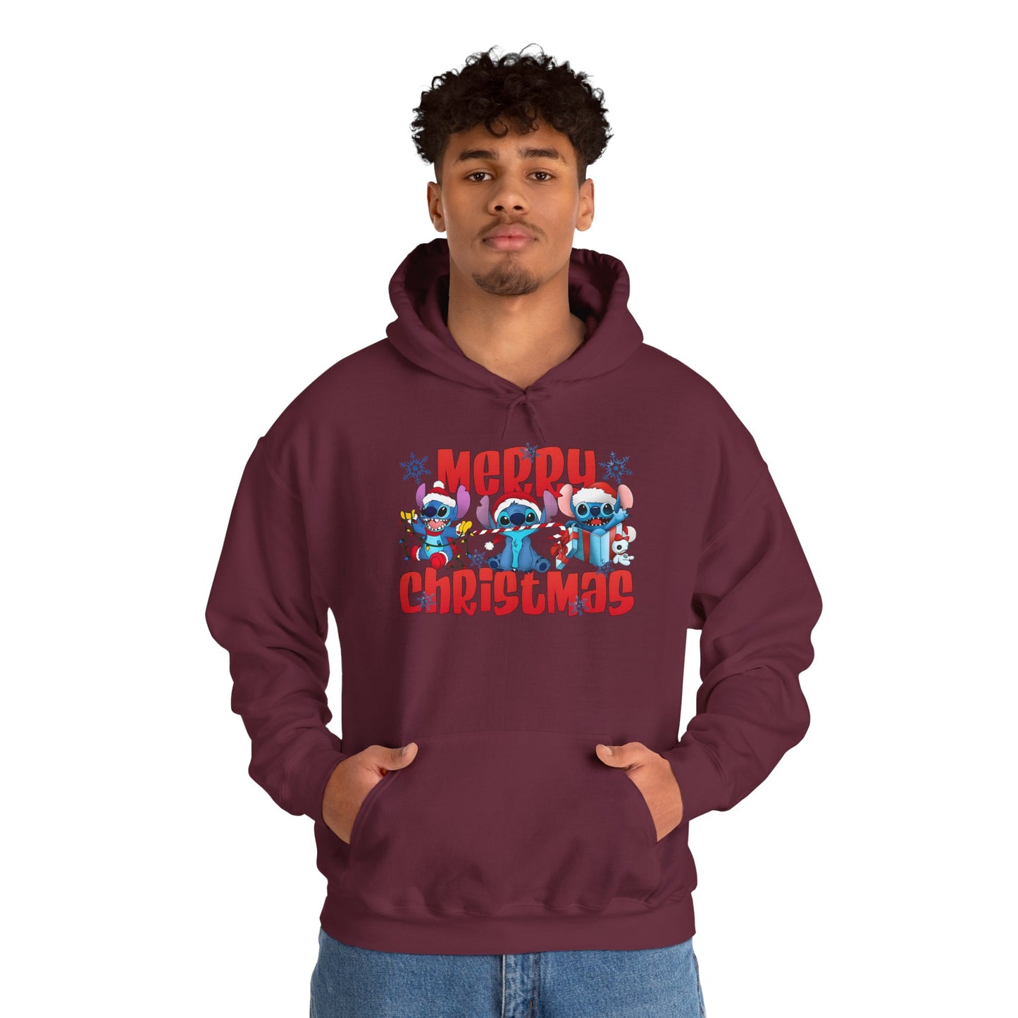 Merry Christmas Unisex Heavy Blend Hooded Sweatshirt – Cute Blue Holiday Characters Hoodie