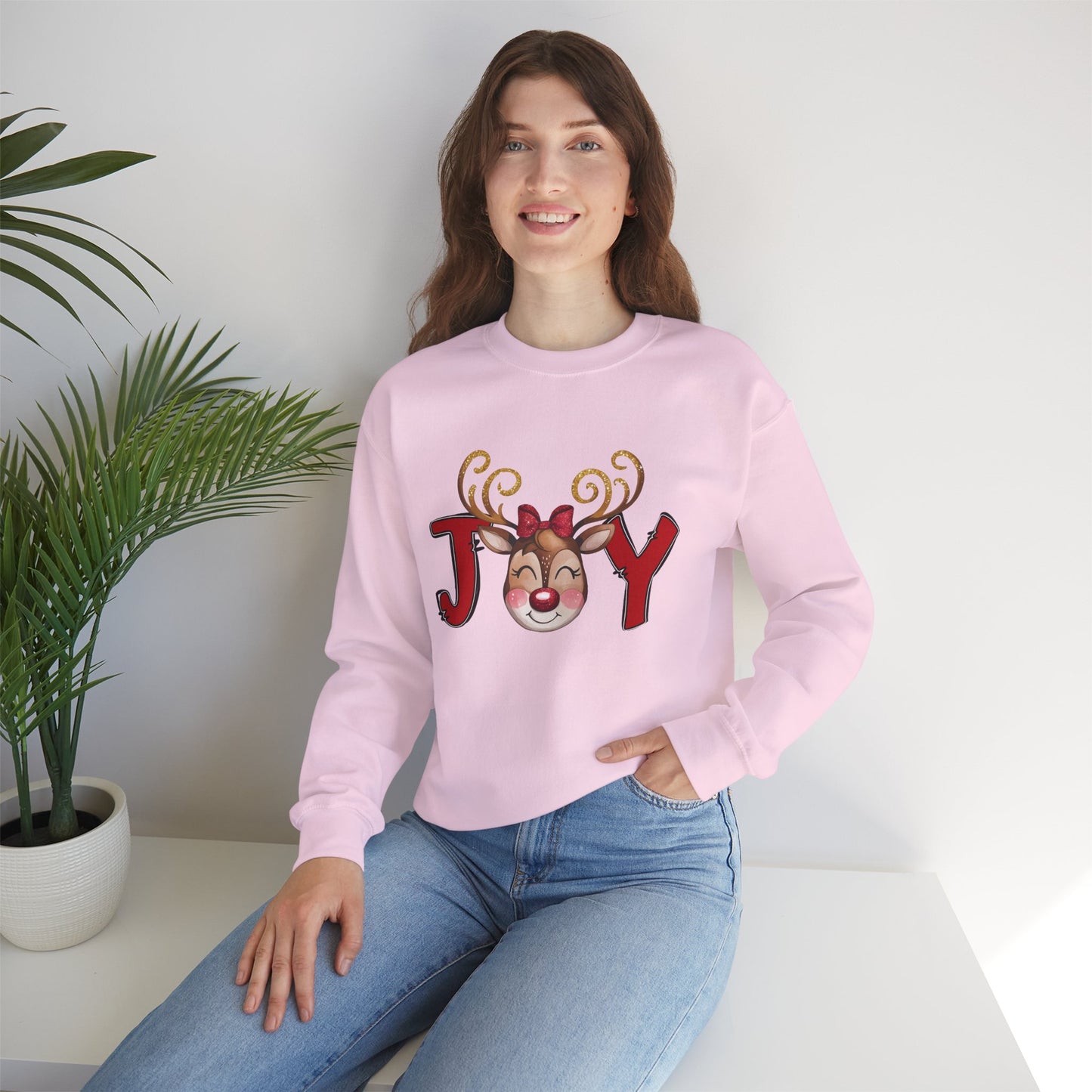 Reindeer Joy Women’s Christmas Crewneck Sweatshirt – Cute Holiday Reindeer Heavy Blend Sweater