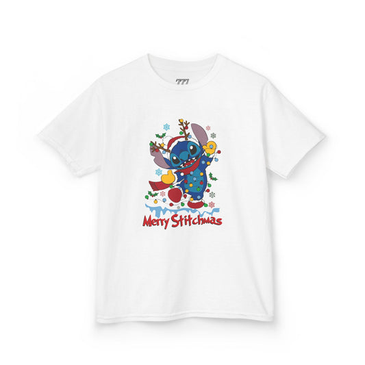 Merry Stitchmas Kids T-Shirt – Cute Holiday Alien Heavy Cotton Tee