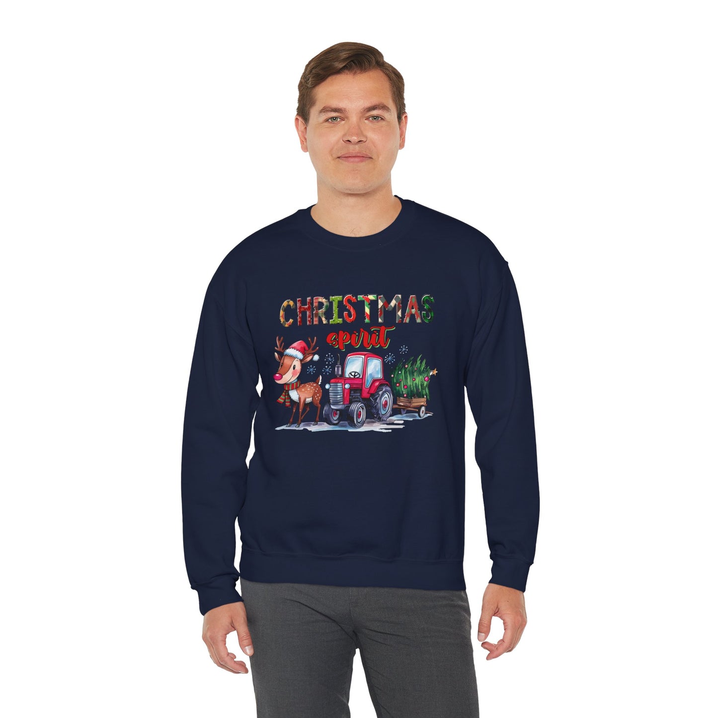 Christmas Spirit Unisex Heavy Blend Crewneck Sweatshirt – Cute Reindeer & Red Tractor Holiday Sweater