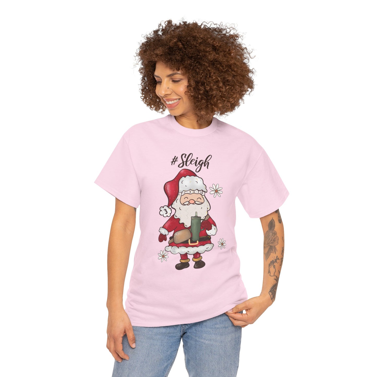 #Sleigh Funny Santa Christmas Tee – Cute Modern Holiday Hashtag Graphic Unisex Heavy Cotton T-Shirt