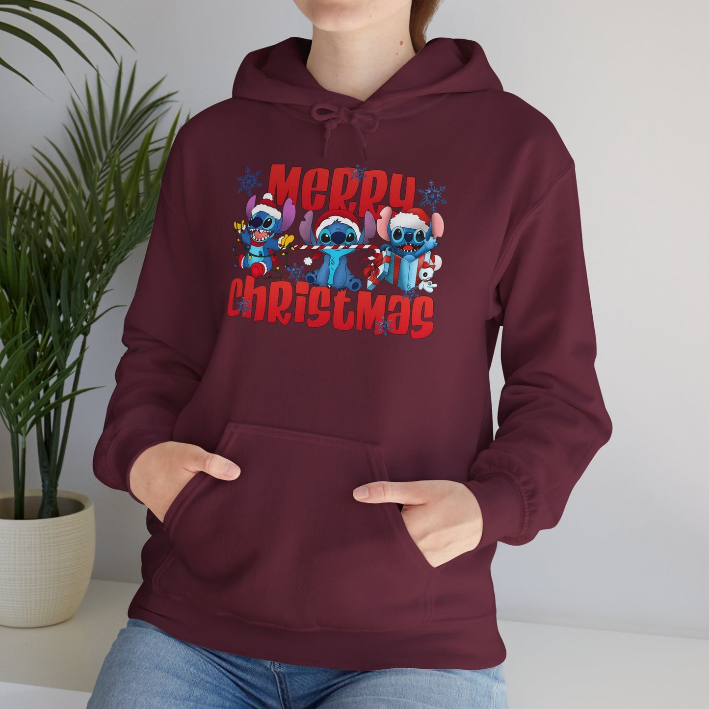 Merry Christmas Unisex Heavy Blend Hooded Sweatshirt – Cute Blue Holiday Characters Hoodie