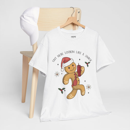 Out Here Looking Like a Snack Gingerbread Funny Christmas Holiday Tee – Cute Santa Hat Festive Unisex Heavy Cotton T-Shirt