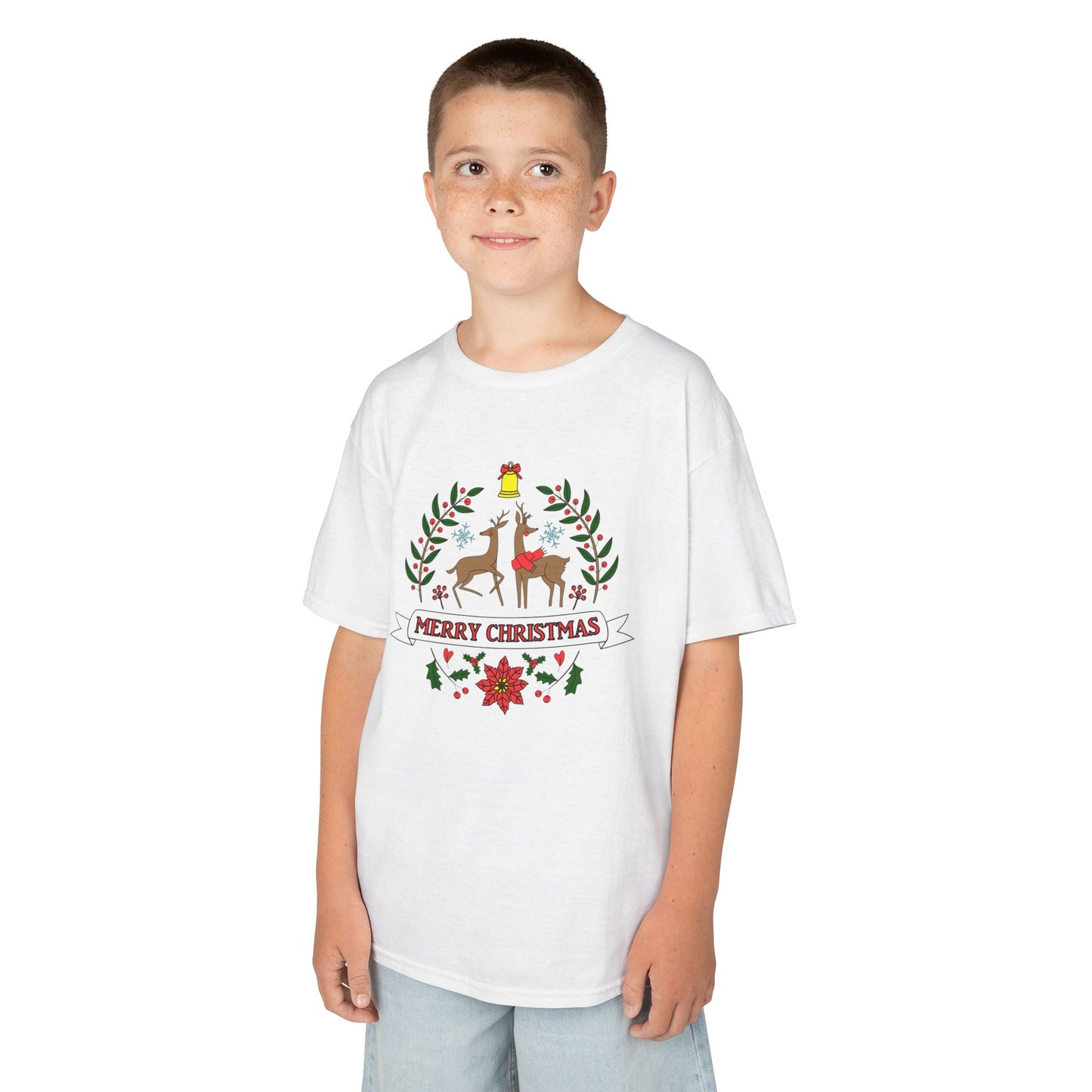 Merry Christmas Reindeer Kids T-Shirt – Cute Holiday Laurel & Poinsettia Tee