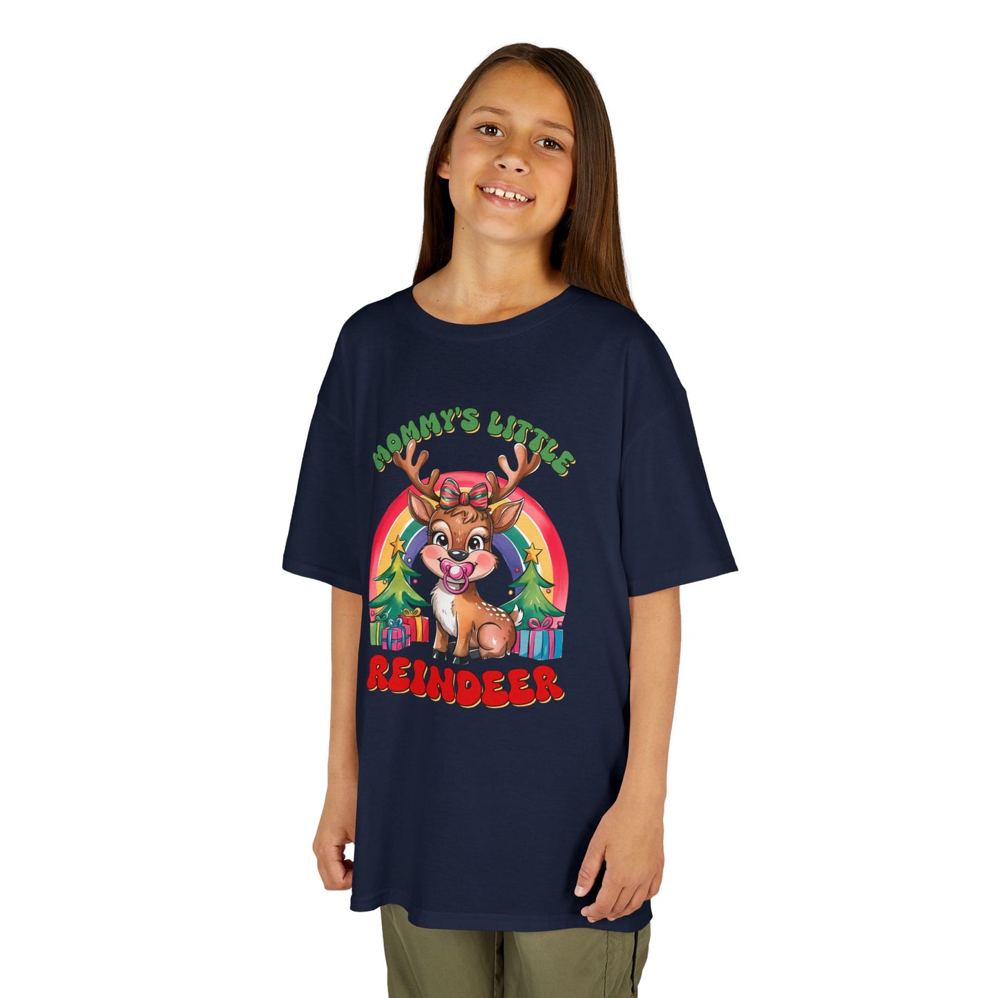 Mommy’s Little Reindeer Kids Christmas T-Shirt – Cute Holiday Reindeer Heavy Cotton Tee