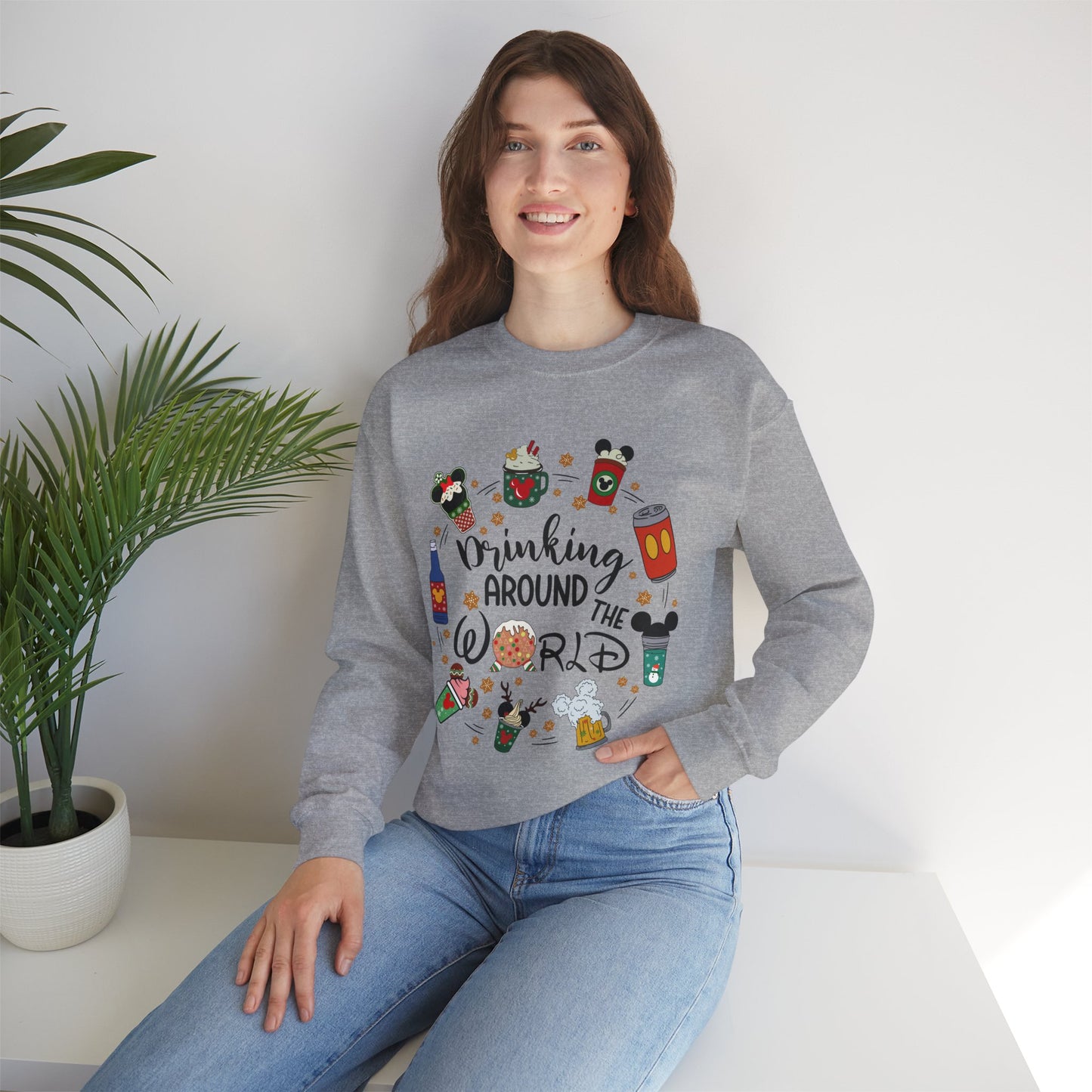 Drinking Around the World Christmas Crewneck – Fun Holiday Travel & Cocktail Sweatshirt (Unisex)