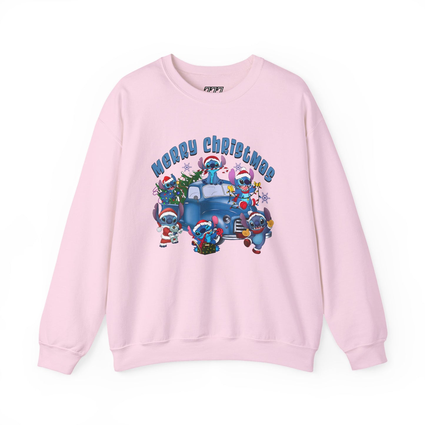 Merry Christmas Unisex Heavy Blend Crewneck Sweatshirt – Blue Christmas Truck & Cute Holiday Characters Sweater