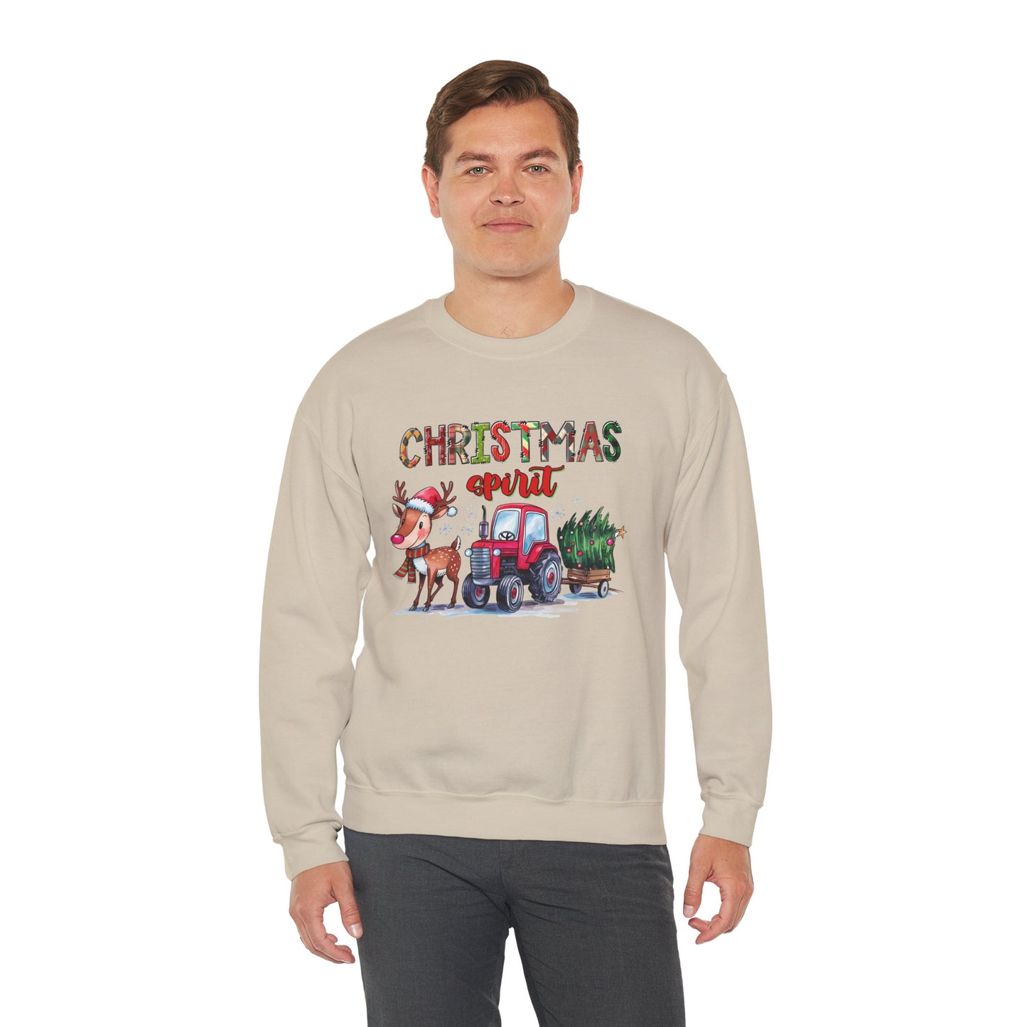 Christmas Spirit Unisex Heavy Blend Crewneck Sweatshirt – Cute Reindeer & Red Tractor Holiday Sweater