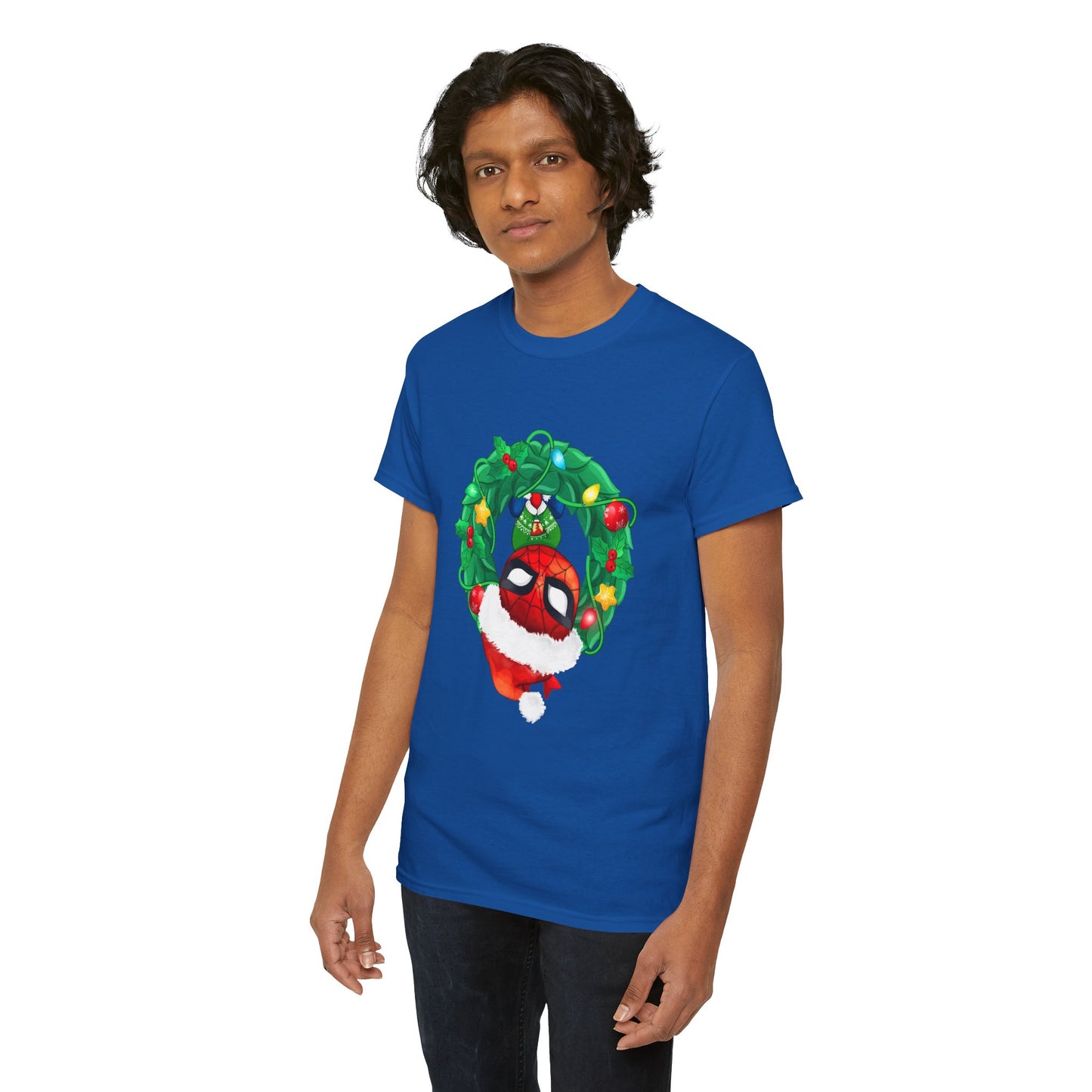 Spidey Wreath Christmas Tee – Superhero Holiday Lights Festive Unisex Heavy Cotton T-Shirt