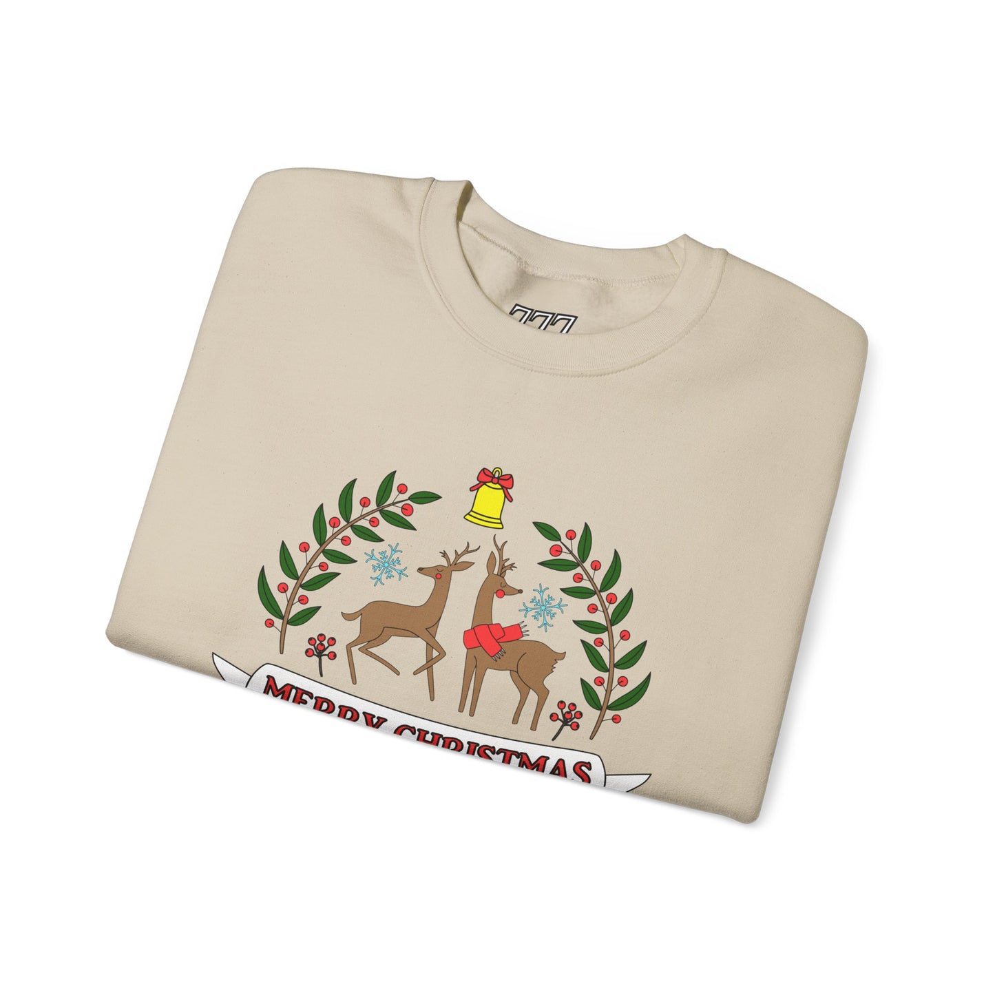 Merry Christmas Reindeer Crewneck – Classic Holiday Laurel & Poinsettia Sweatshirt (Unisex)