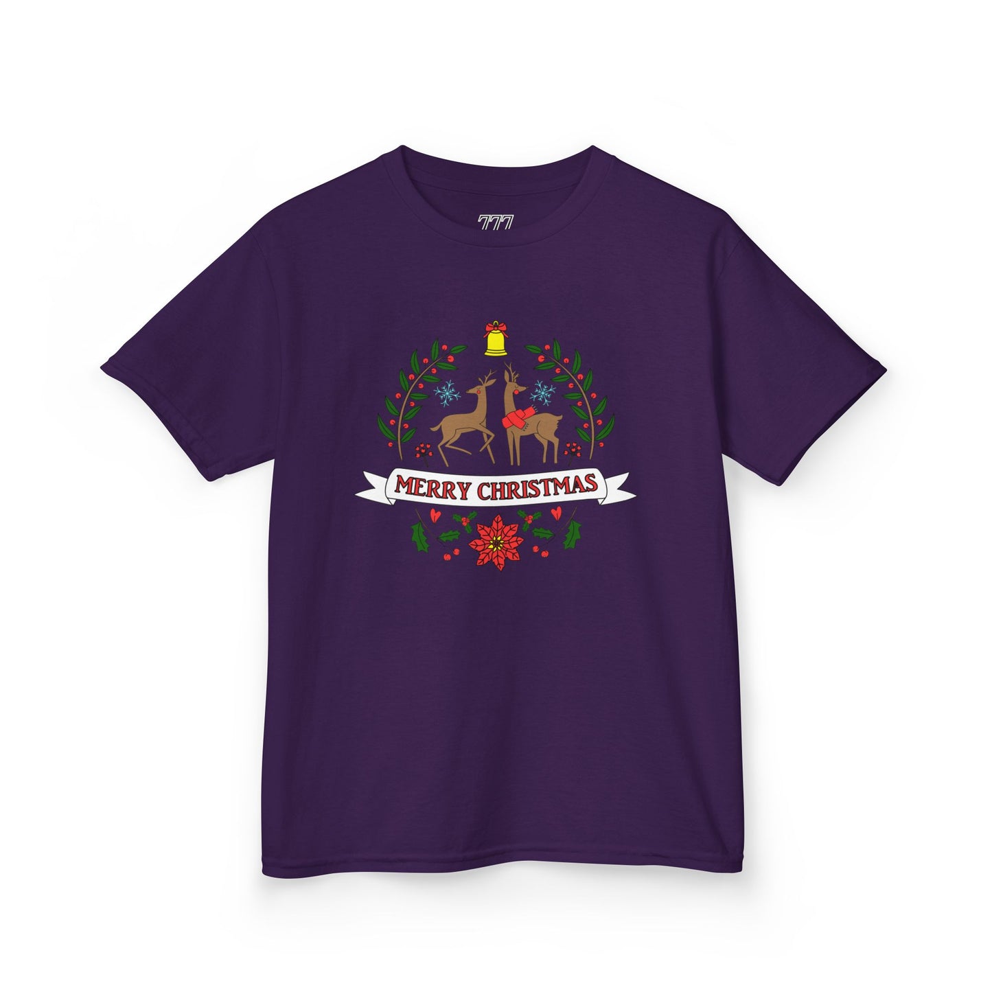 Merry Christmas Reindeer Kids T-Shirt – Cute Holiday Laurel & Poinsettia Tee
