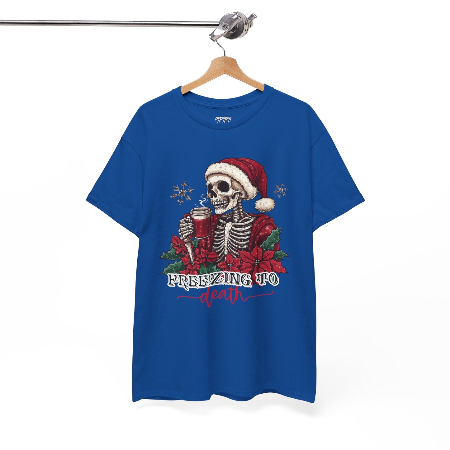 Freezing To Death Skeleton Christmas Tee – Funny Holiday Unisex Heavy Cotton T-Shirt, Winter Coffee Xmas Shirt