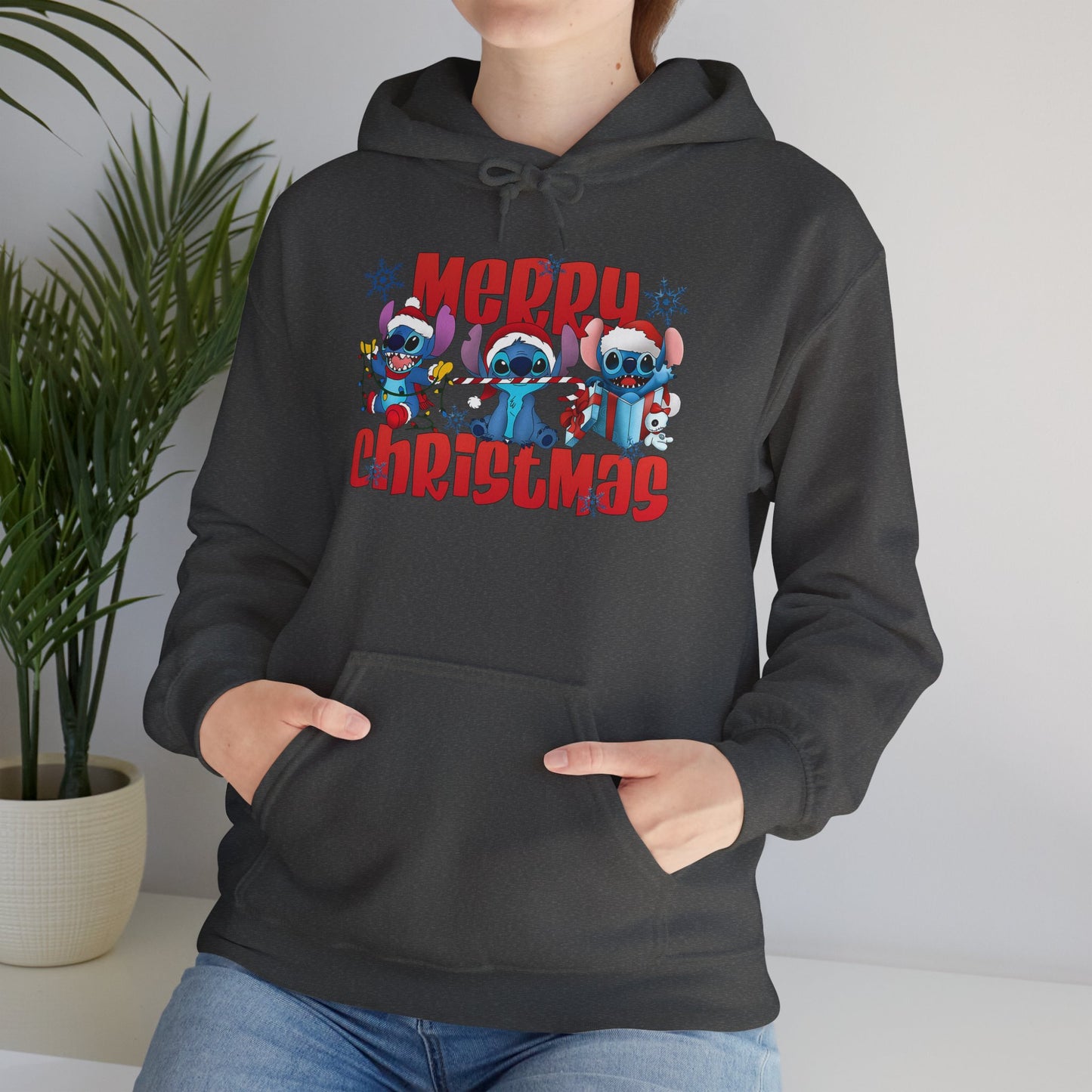Merry Christmas Unisex Heavy Blend Hooded Sweatshirt – Cute Blue Holiday Characters Hoodie