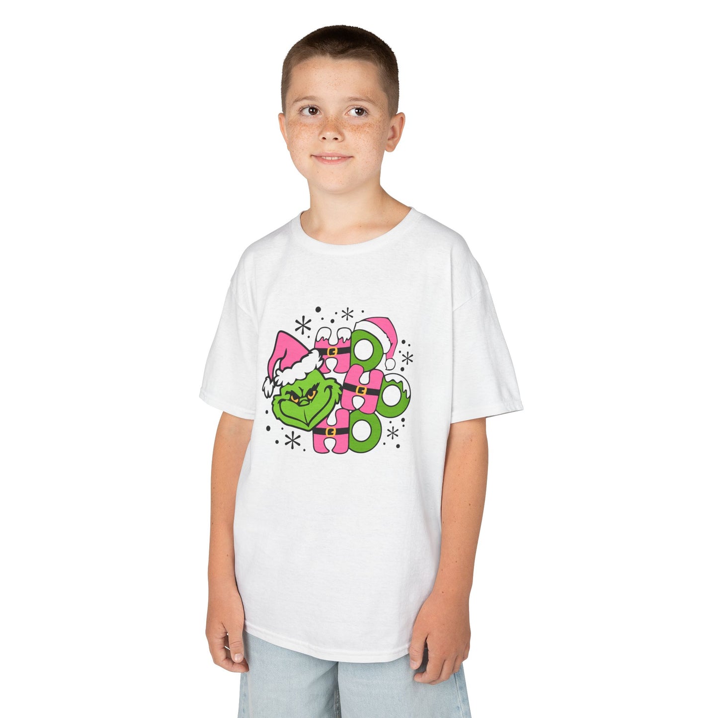 HO HO HO Cute Christmas Grinch-Inspired Kids Holiday T-Shirt – Pink Santa Festive Kids Heavy Cotton Tee