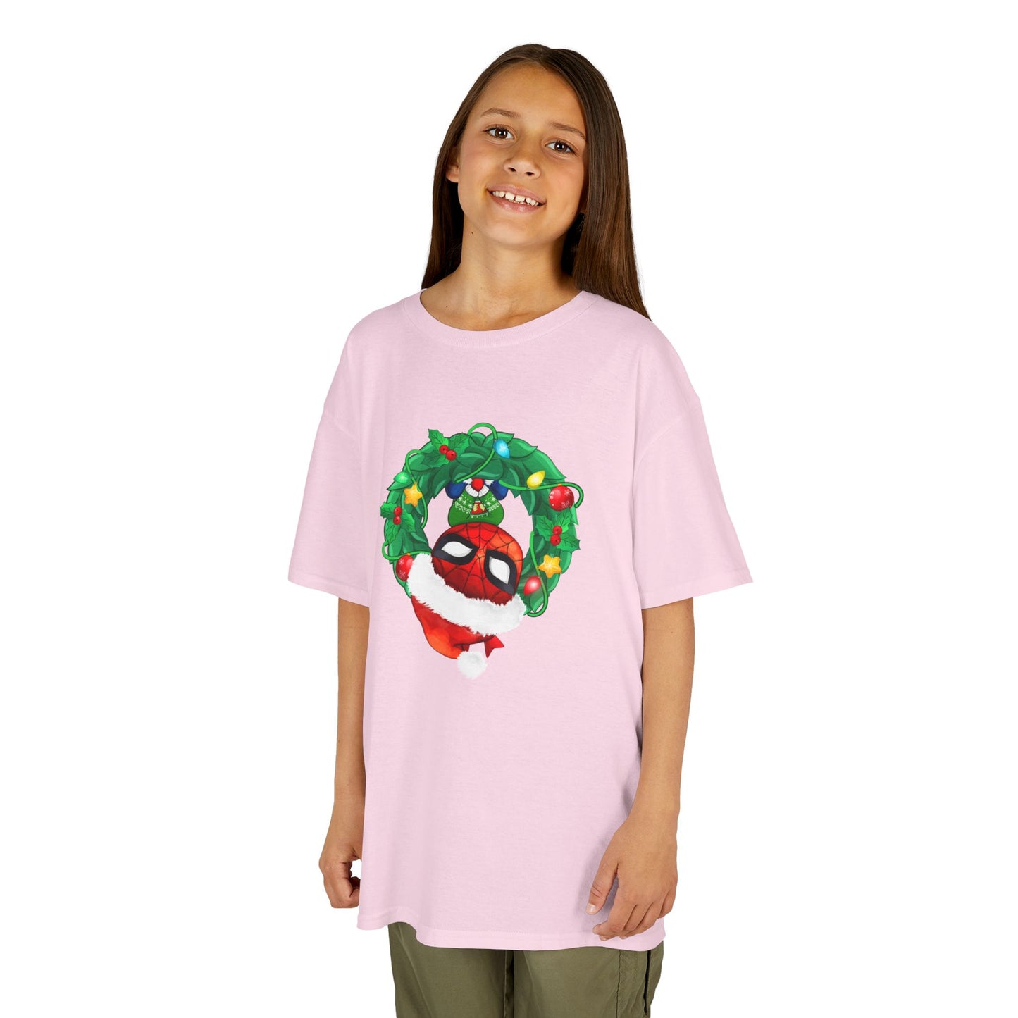 Spidey Wreath Kids Christmas Tee – Superhero Holiday Shirt for Kids Heavy Cotton T-Shirt