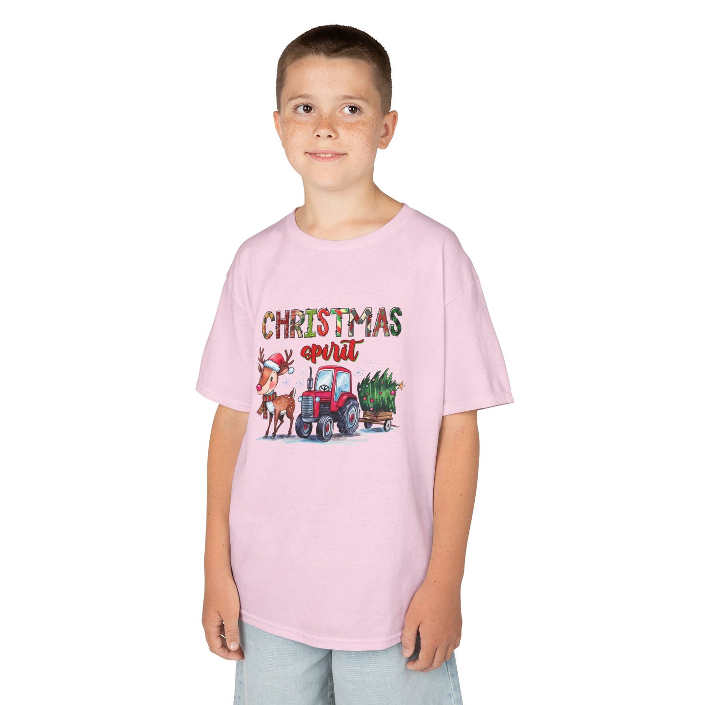Christmas Spirit Kids T-Shirt – Cute Reindeer & Red Tractor Holiday Tee
