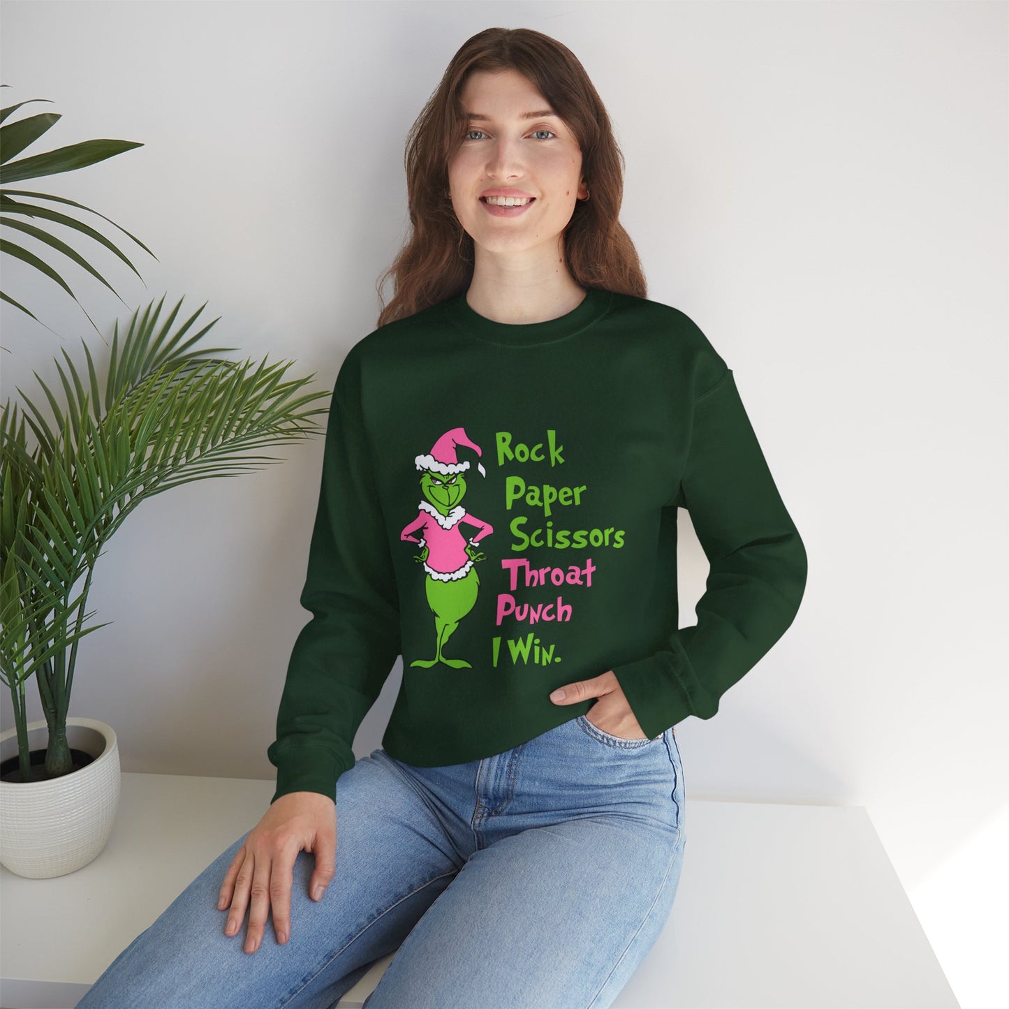 Rock Paper Scissors Throat Punch I Win Funny Christmas Grinch-Inspired Holiday Sweatshirt – Sarcastic Pink Santa Unisex Heavy Blend Crewneck