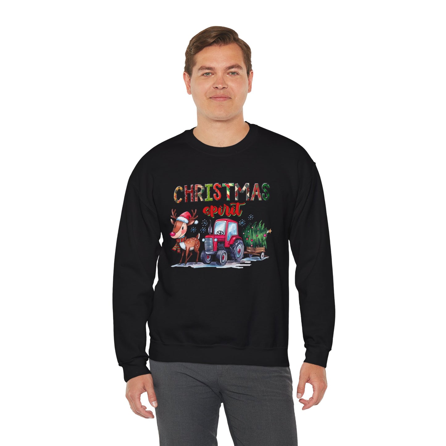 Christmas Spirit Unisex Heavy Blend Crewneck Sweatshirt – Cute Reindeer & Red Tractor Holiday Sweater