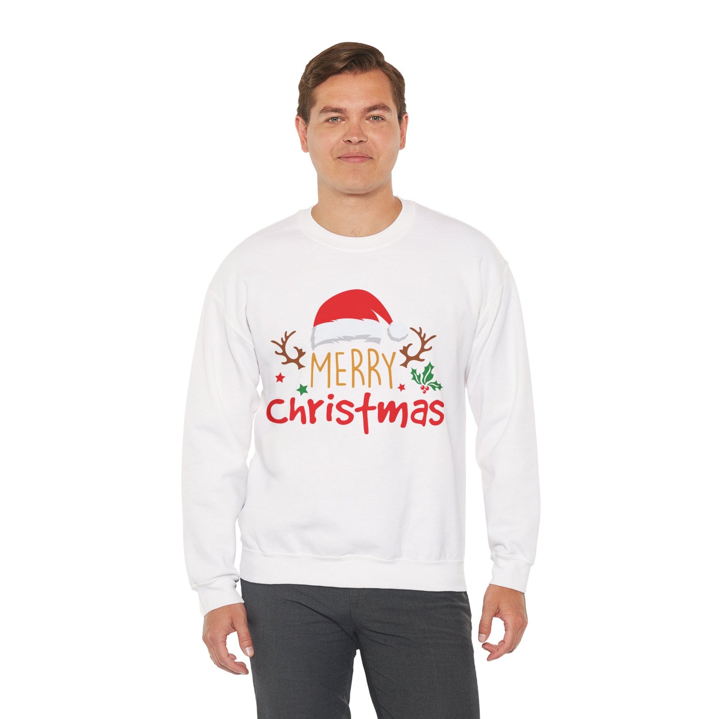 Merry Christmas Reindeer Crewneck – Santa Hat Holiday Unisex Sweatshirt, Festive Xmas Pullover