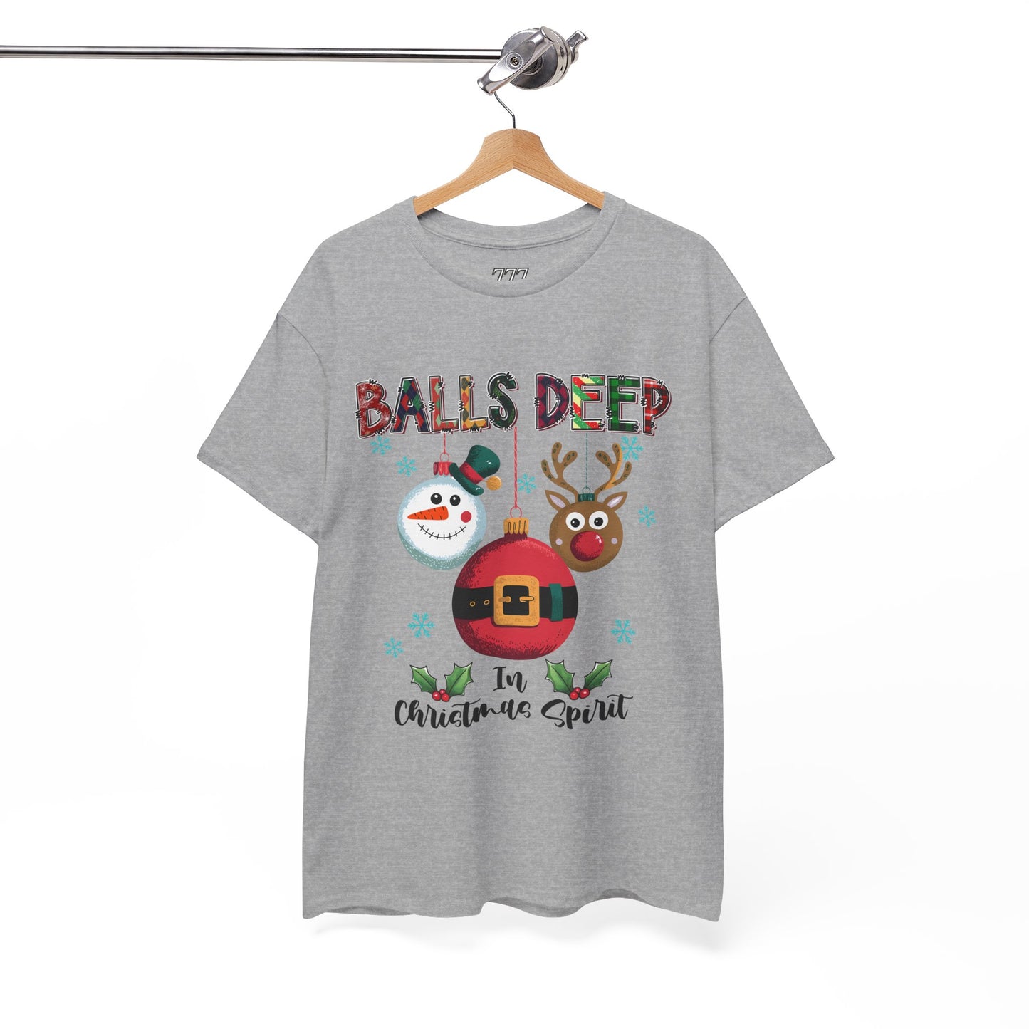 Balls Deep in Christmas Cheer Unisex Heavy Cotton T-Shirt – Funny Adult Holiday Snowman & Reindeer Tee