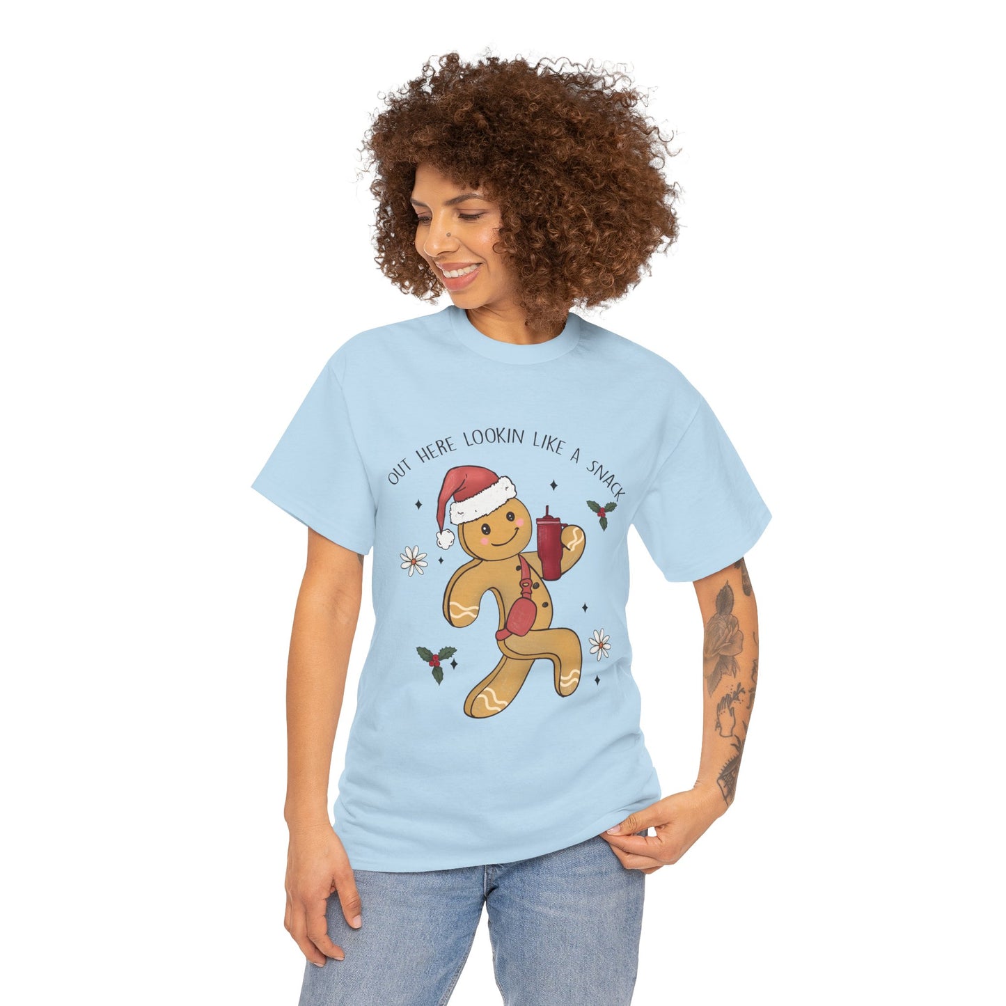 Out Here Looking Like a Snack Gingerbread Funny Christmas Holiday Tee – Cute Santa Hat Festive Unisex Heavy Cotton T-Shirt