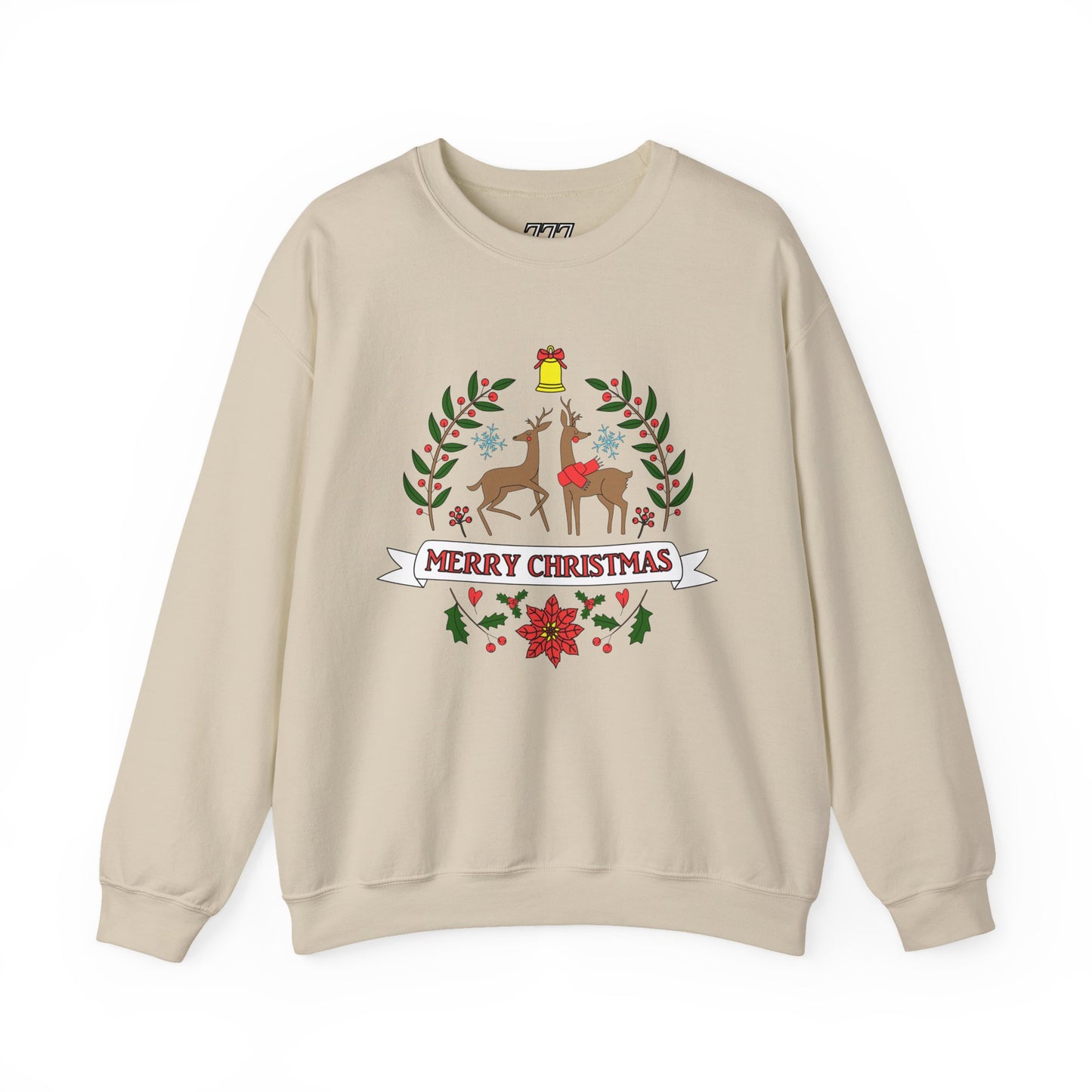 Merry Christmas Reindeer Crewneck – Classic Holiday Laurel & Poinsettia Sweatshirt (Unisex)