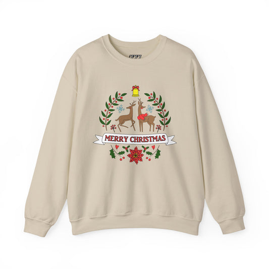 Merry Christmas Reindeer Crewneck – Classic Holiday Laurel & Poinsettia Sweatshirt (Unisex)