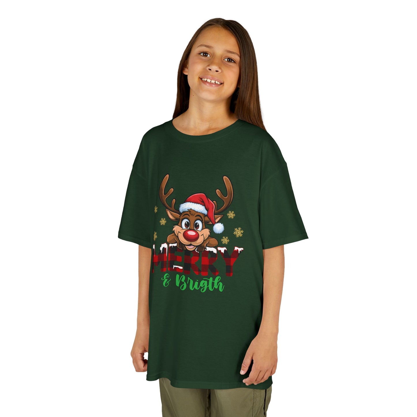 Merry & Bright Kids Christmas T-Shirt – Cute Reindeer Holiday Heavy Cotton Tee