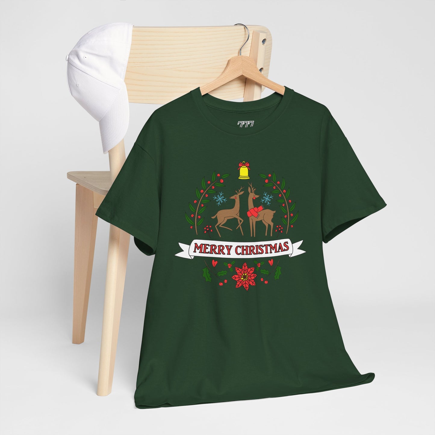 Merry Christmas Reindeer T-Shirt – Classic Holiday Laurel & Poinsettia Tee (Unisex)