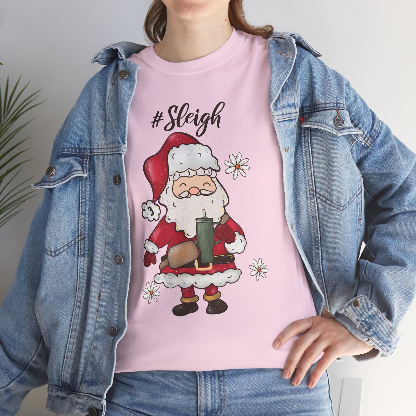 #Sleigh Funny Santa Christmas Tee – Cute Modern Holiday Hashtag Graphic Unisex Heavy Cotton T-Shirt