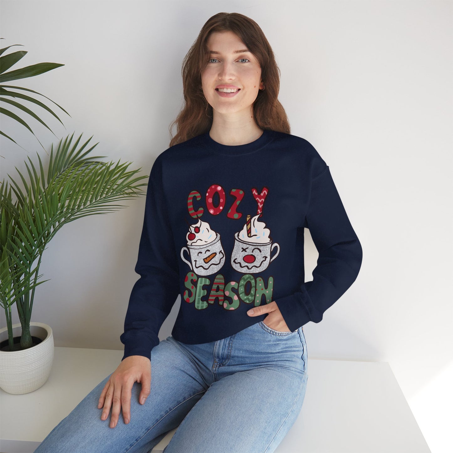 Cozy Season Christmas Unisex Heavy Blend Crewneck Sweatshirt – Cute Holiday Hot Cocoa Sweater