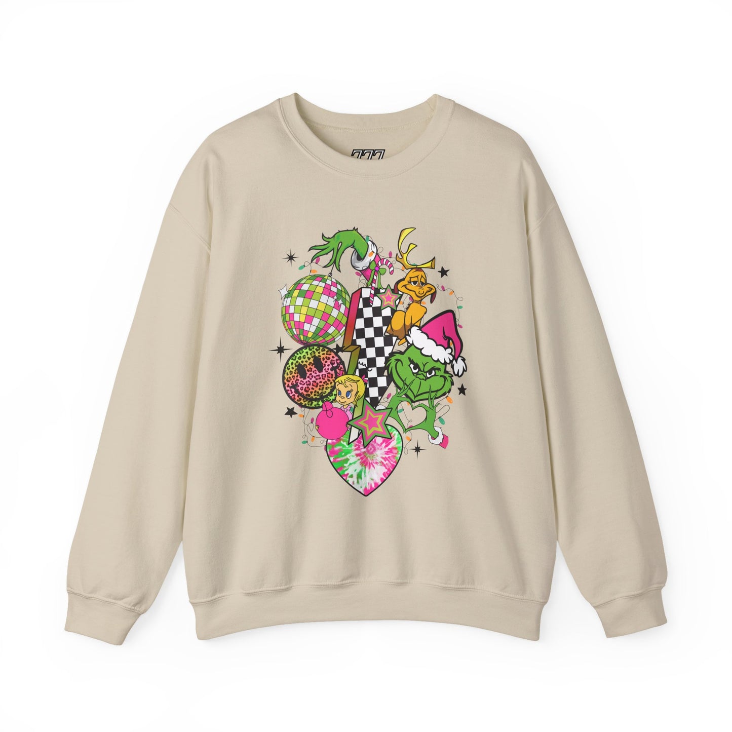 Grinchy Bells Christmas Crewneck – Neon Holiday Hearts & Grumpy Green Aesthetic Sweatshirt (Unisex)