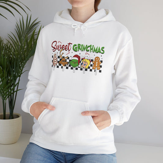 Sweet Grinchmas Candy Characters Funny Christmas Hoodie – Cute Holiday Treats Grinch-Inspired Unisex Heavy Blend Hooded Sweatshirt