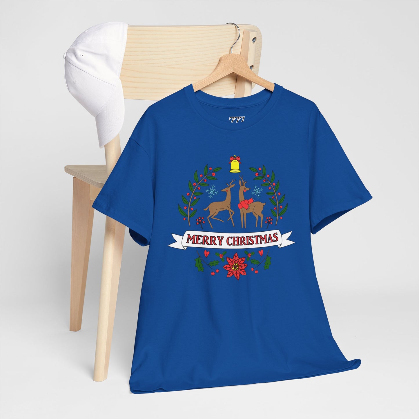 Merry Christmas Reindeer T-Shirt – Classic Holiday Laurel & Poinsettia Tee (Unisex)
