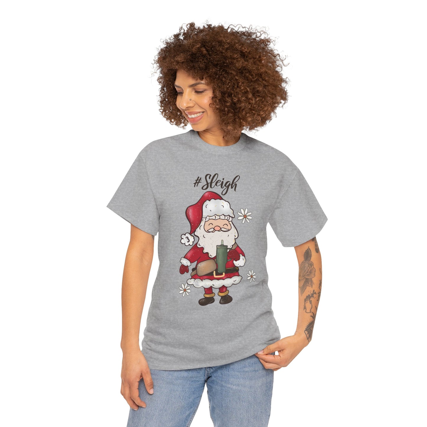 #Sleigh Funny Santa Christmas Tee – Cute Modern Holiday Hashtag Graphic Unisex Heavy Cotton T-Shirt