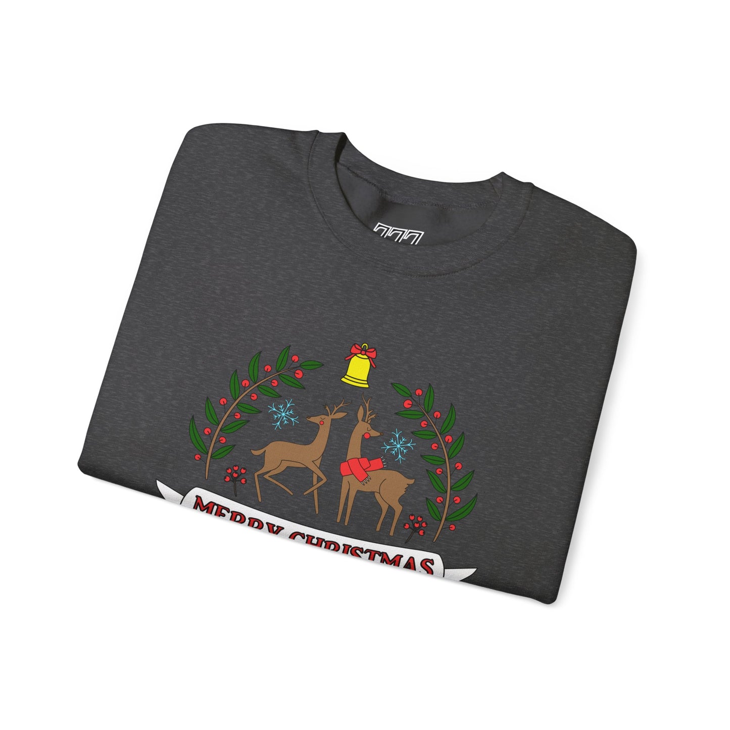 Merry Christmas Reindeer Crewneck – Classic Holiday Laurel & Poinsettia Sweatshirt (Unisex)