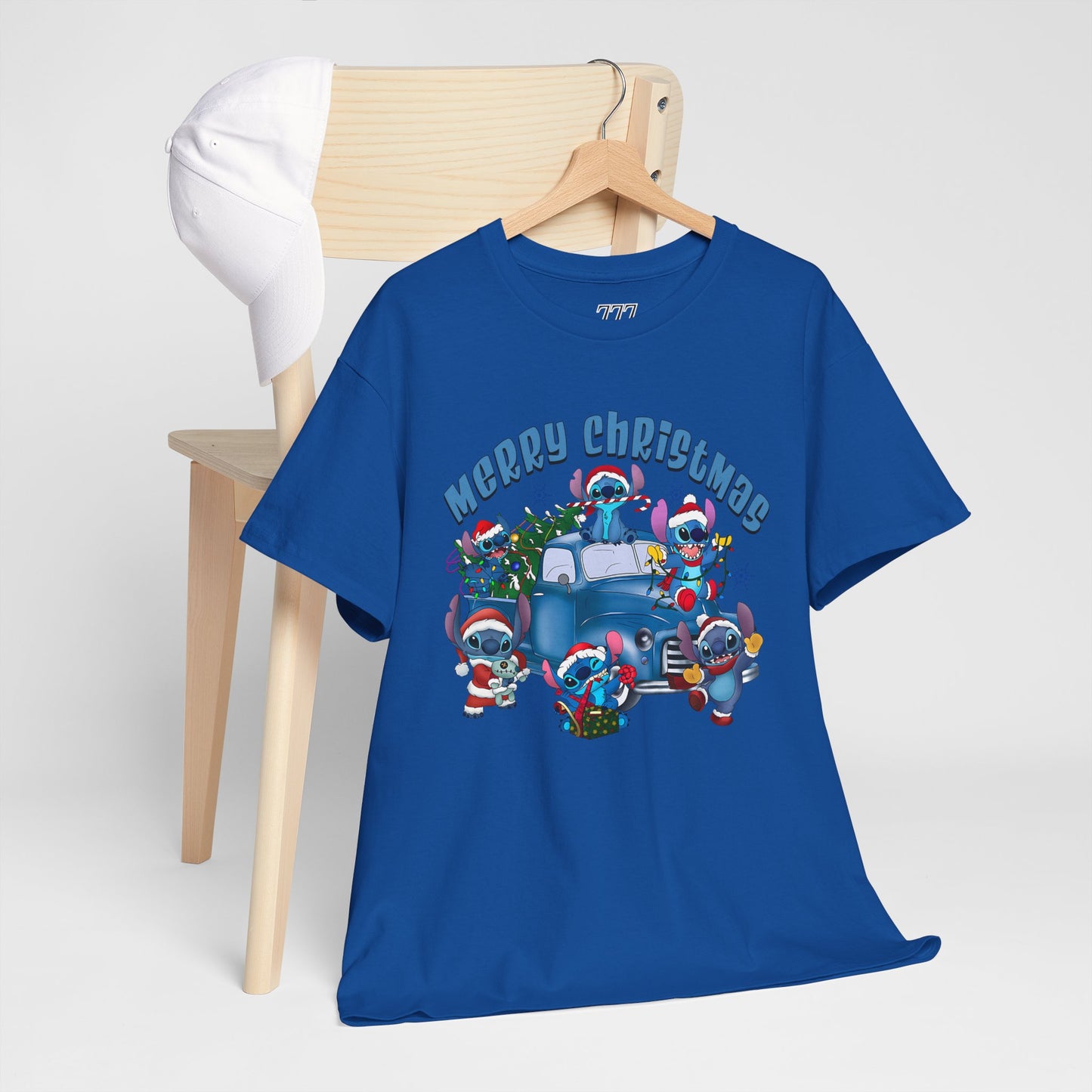 Merry Christmas Unisex Heavy Cotton T-Shirt – Blue Christmas Truck & Cute Holiday Characters Tee