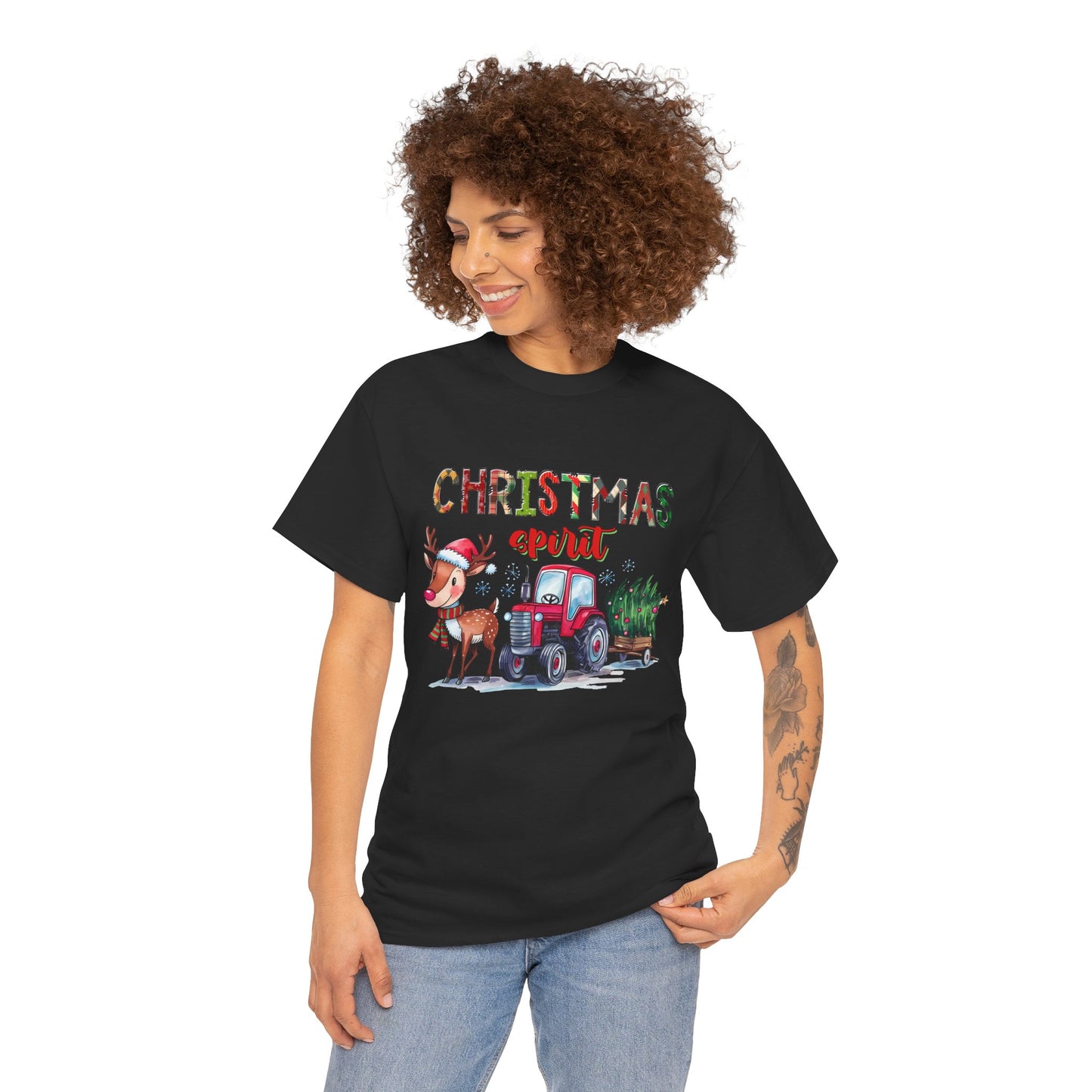 Christmas Spirit Unisex Heavy Cotton T-Shirt – Cute Reindeer & Red Tractor Holiday Tee