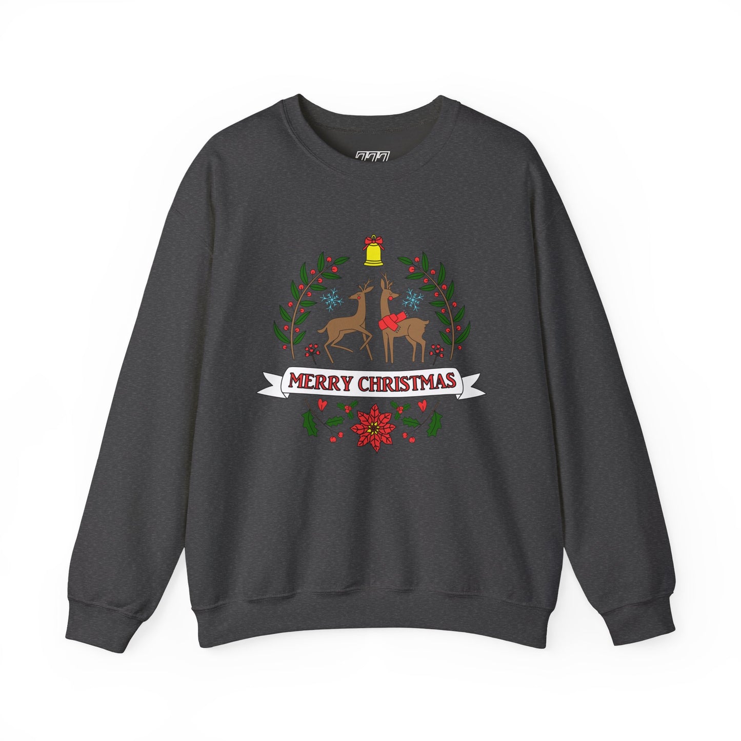 Merry Christmas Reindeer Crewneck – Classic Holiday Laurel & Poinsettia Sweatshirt (Unisex)