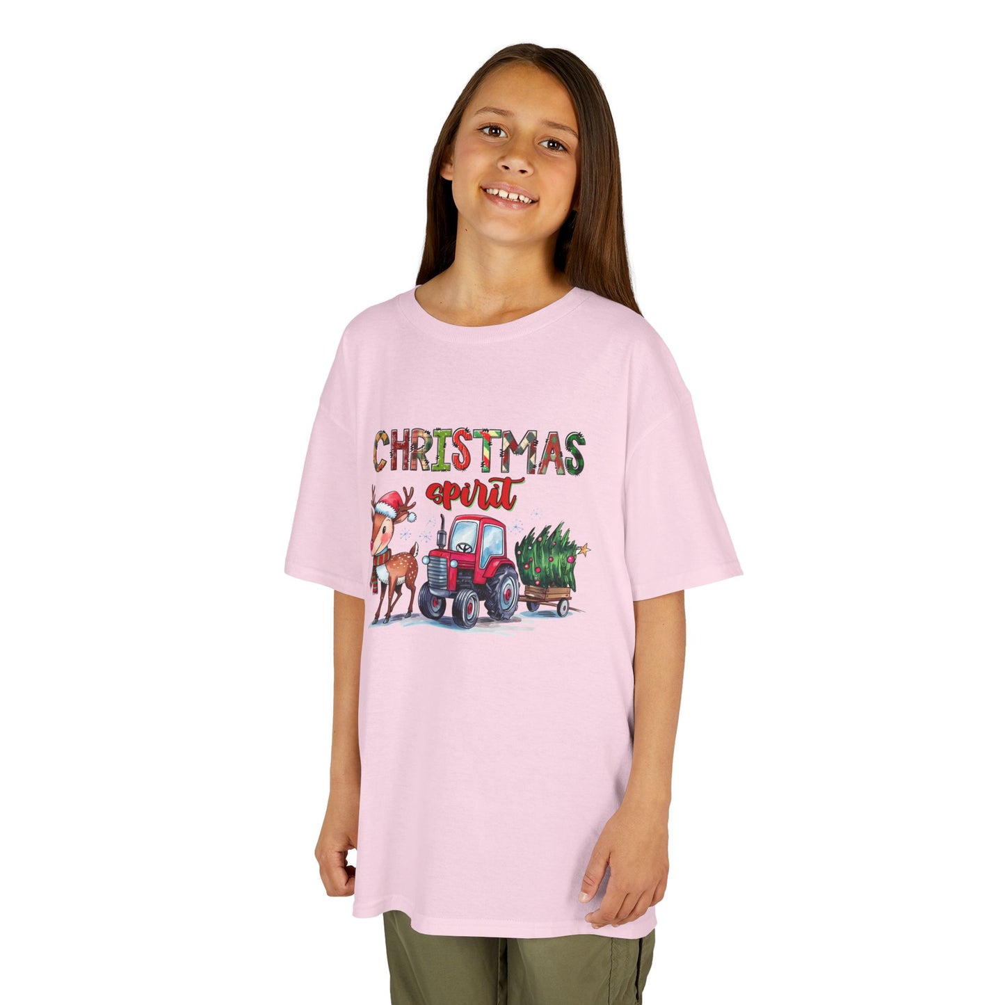 Christmas Spirit Kids T-Shirt – Cute Reindeer & Red Tractor Holiday Tee