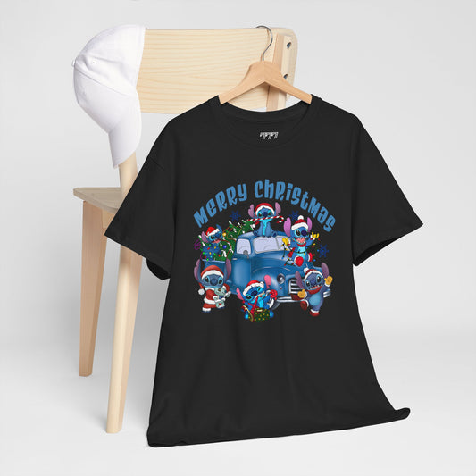 Merry Christmas Unisex Heavy Cotton T-Shirt – Blue Christmas Truck & Cute Holiday Characters Tee