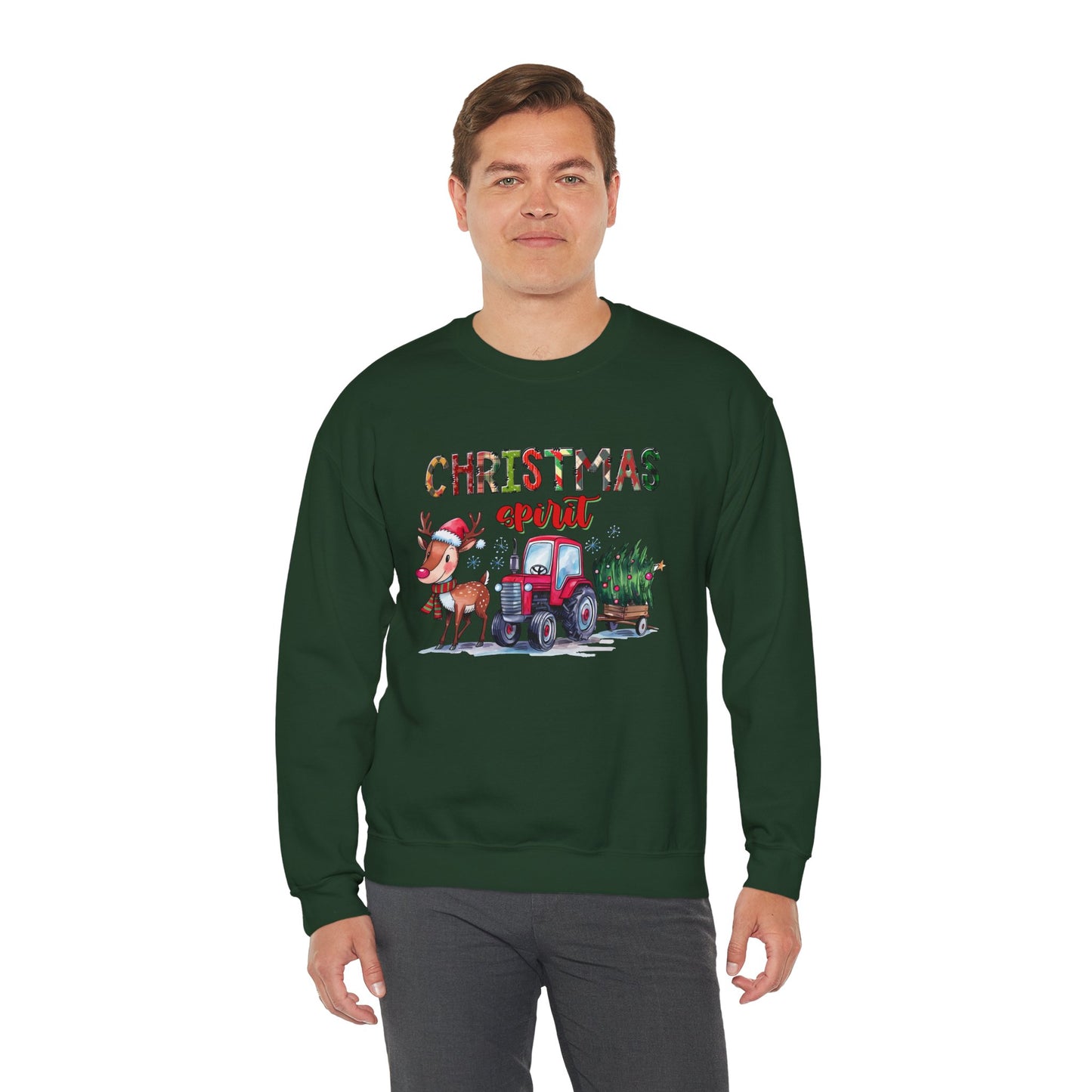 Christmas Spirit Unisex Heavy Blend Crewneck Sweatshirt – Cute Reindeer & Red Tractor Holiday Sweater