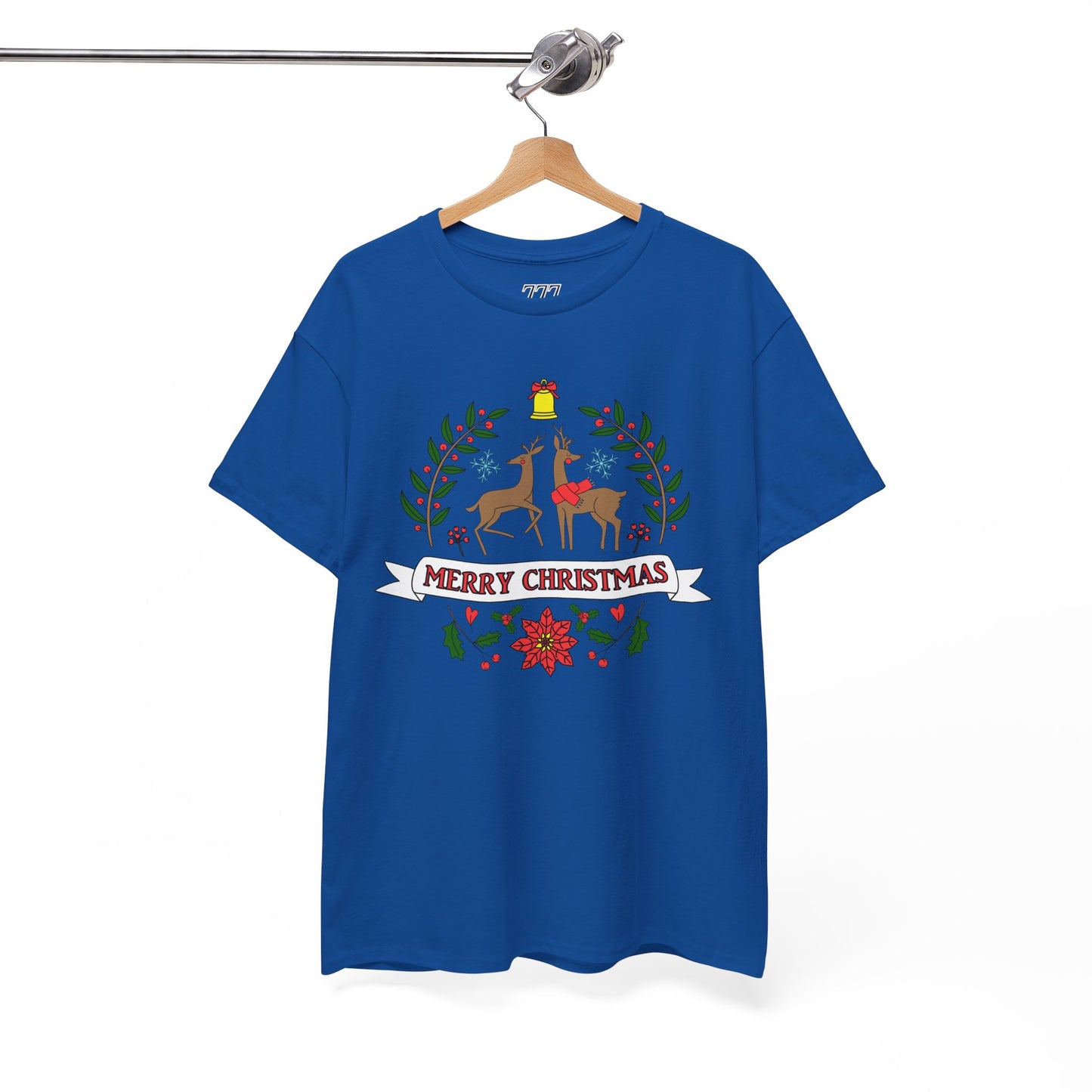 Merry Christmas Reindeer T-Shirt – Classic Holiday Laurel & Poinsettia Tee (Unisex)